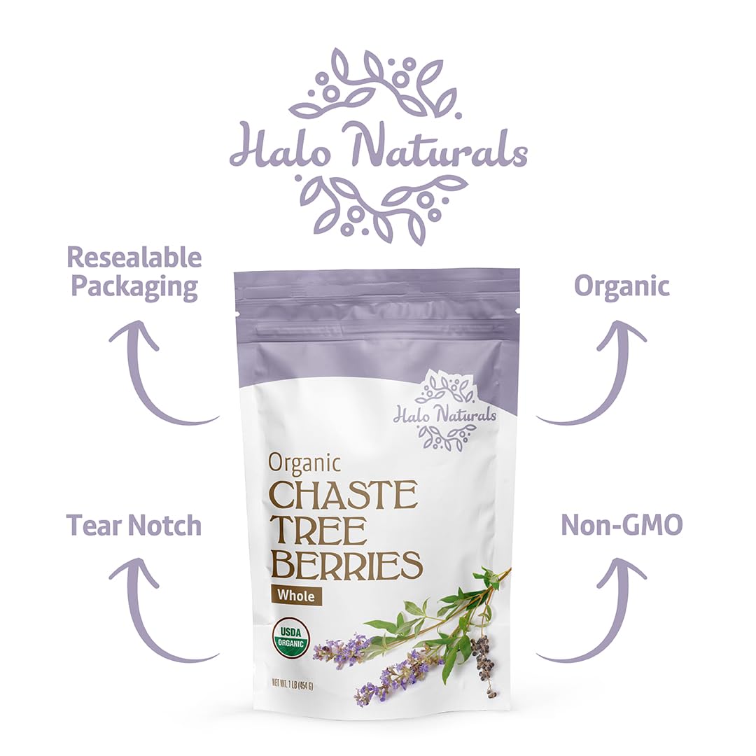 Halo Naturals Chaste Tree Berries USDA Organic seal on packaging.