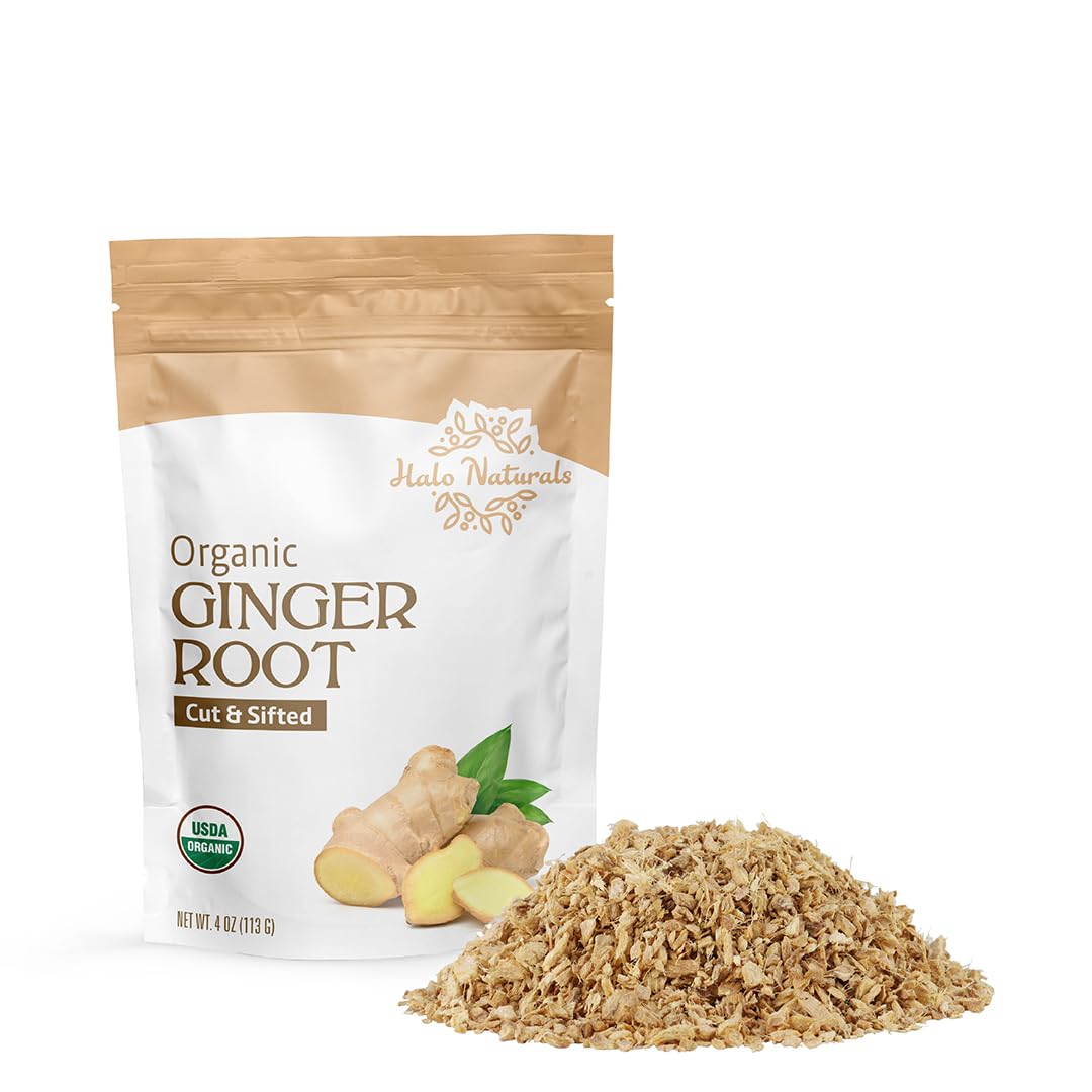 Halo Naturals ginger root cut-sifted in a resealable pouch for freshness
