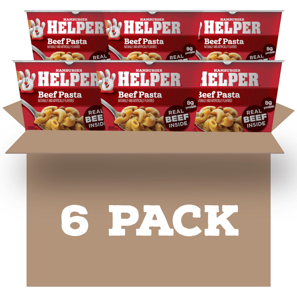 Hamburger Helper Beef Pasta Microwave Cup 6-Pack box front shows convenient family meal option