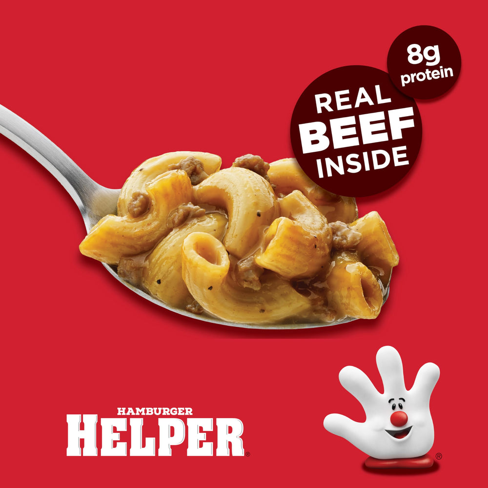 Hamburger Helper Beef Pasta Microwave Cup packaging closeup emphasizes convenience and portability