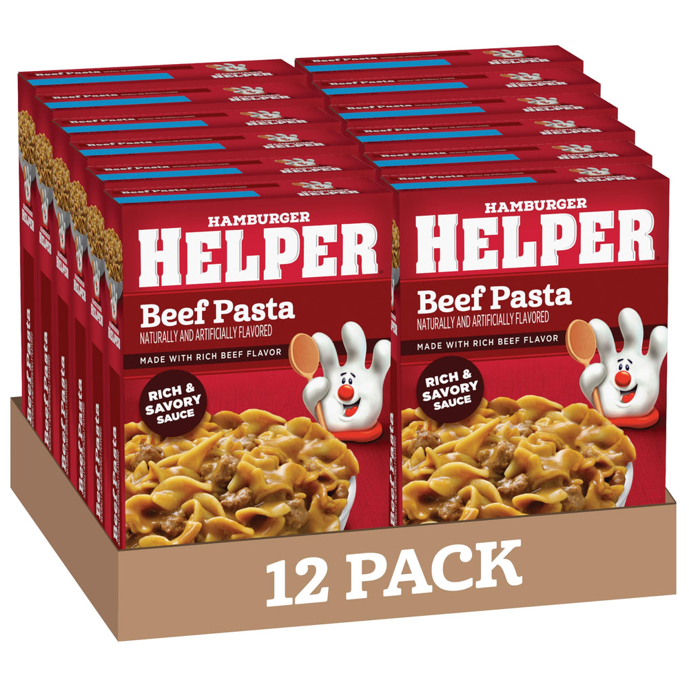 Hamburger Helper Beef Pasta packaging shows bold flavors for quick weeknight meals