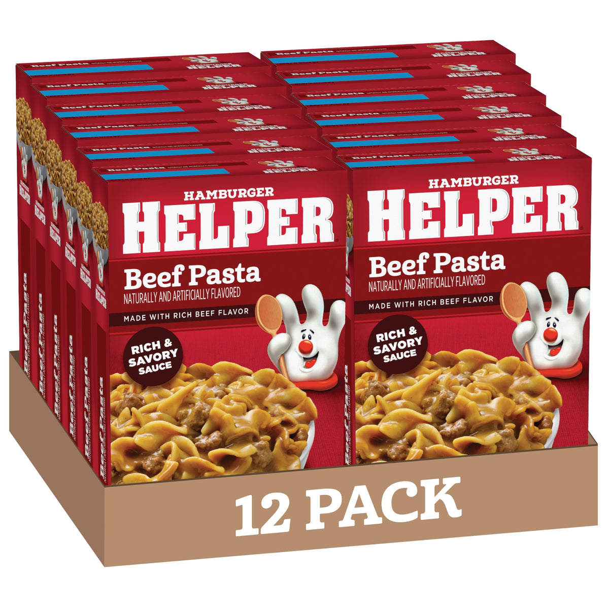 Hamburger Helper Beef Pasta packaging shows bold flavors for quick weeknight meals