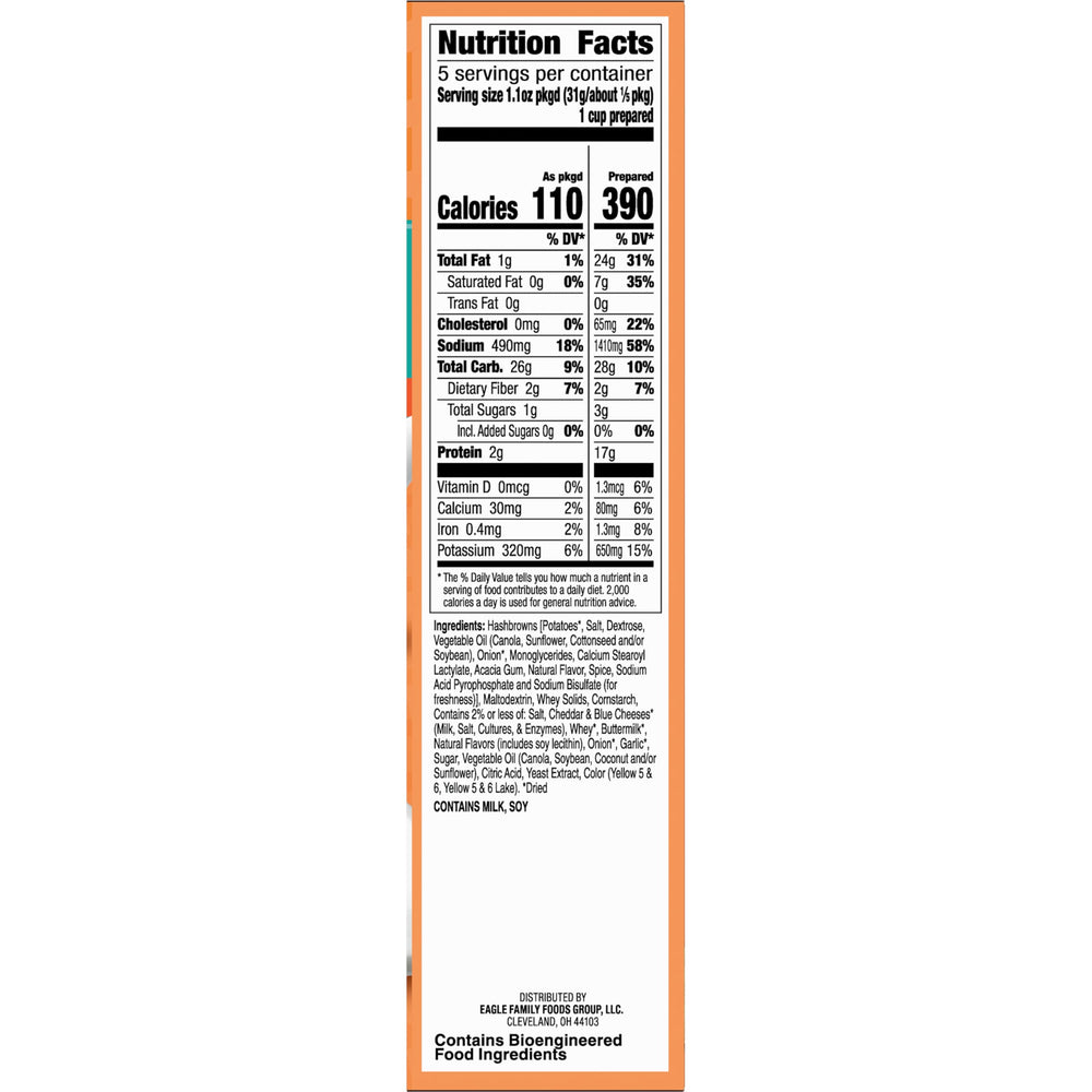 Hamburger Helper Breakfast Cheesy Hashbrowns sauce packet close-up shows flavor mix.