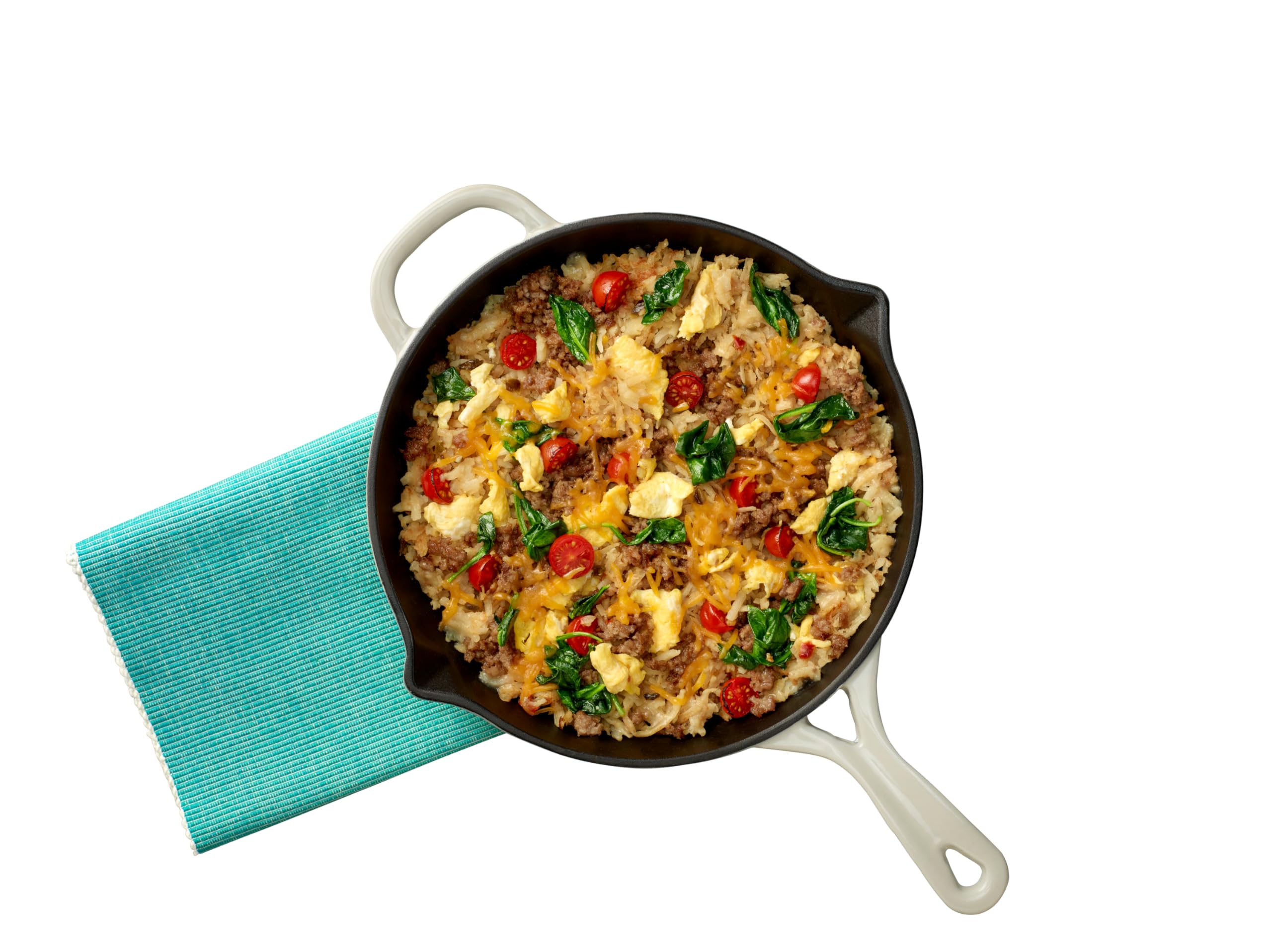 Hamburger Helper Breakfast Hashbrowns with cherry tomatoes.