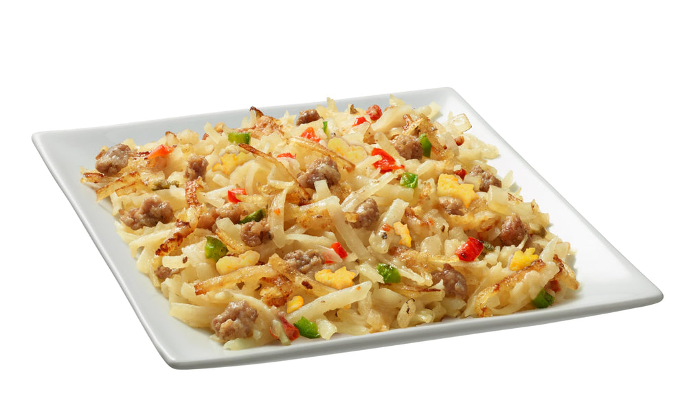 Hamburger Helper Breakfast Hashbrowns with peppers and onions add color and flavor.