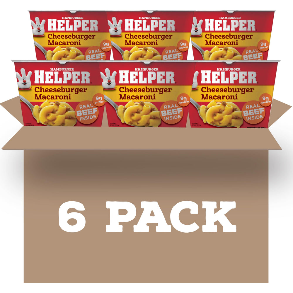 Hamburger Helper Cheeseburger Macaroni Cup packaging illustrates a shelf-stable dinner for busy weeknights.