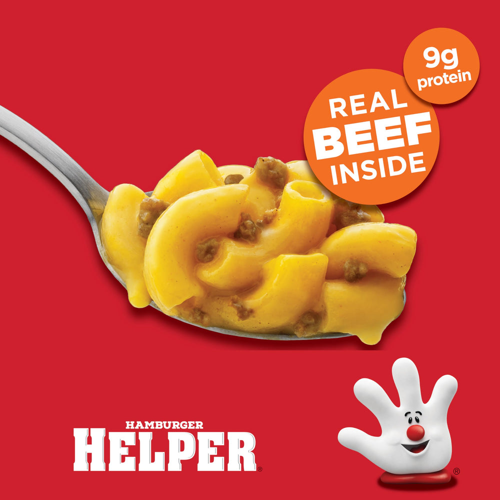 Hamburger Helper Cheeseburger Macaroni Cup ready-serve portrays a family-friendly dinner idea.