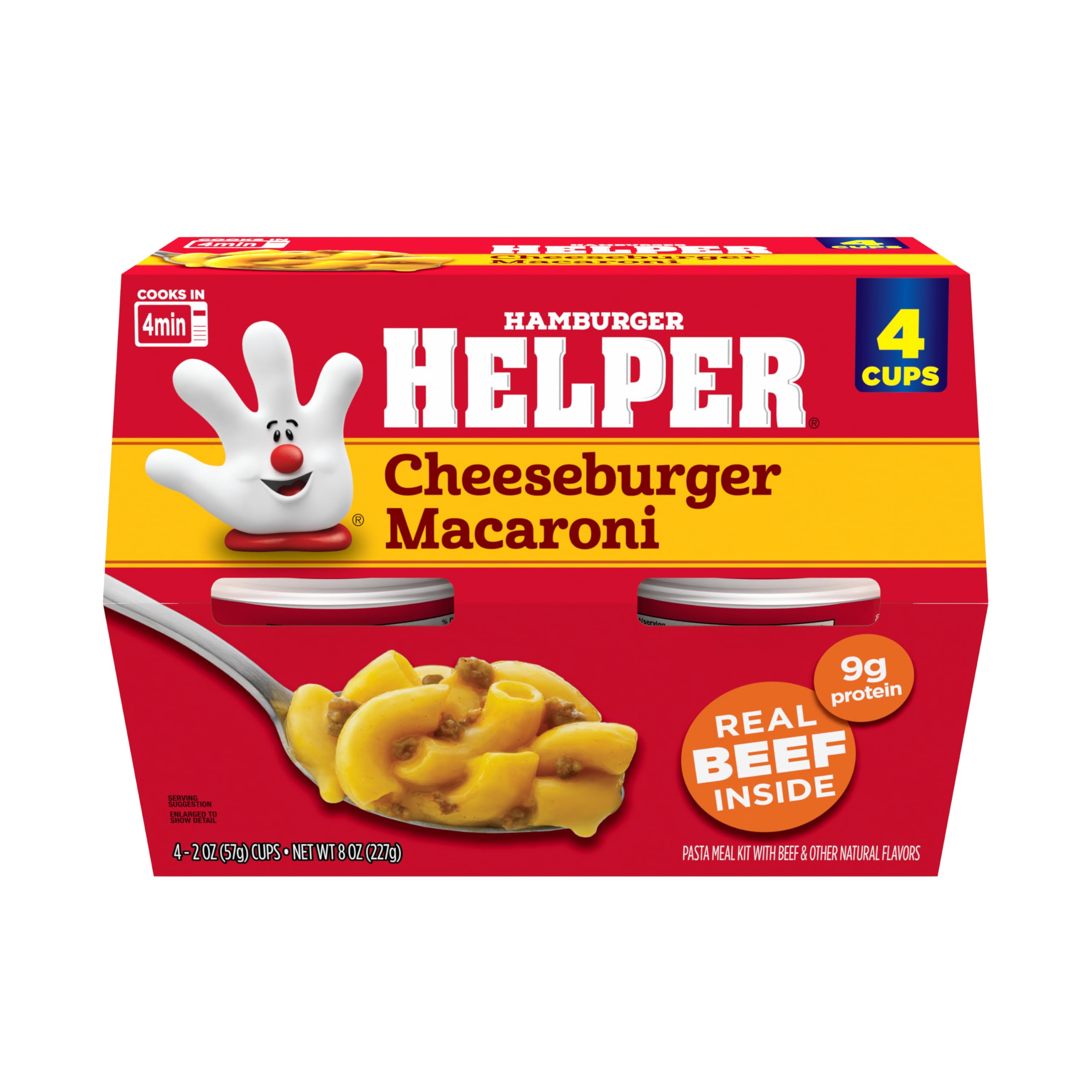 Hamburger Helper Cheeseburger Macaroni microwave cup front view, quick weeknight dinner option.