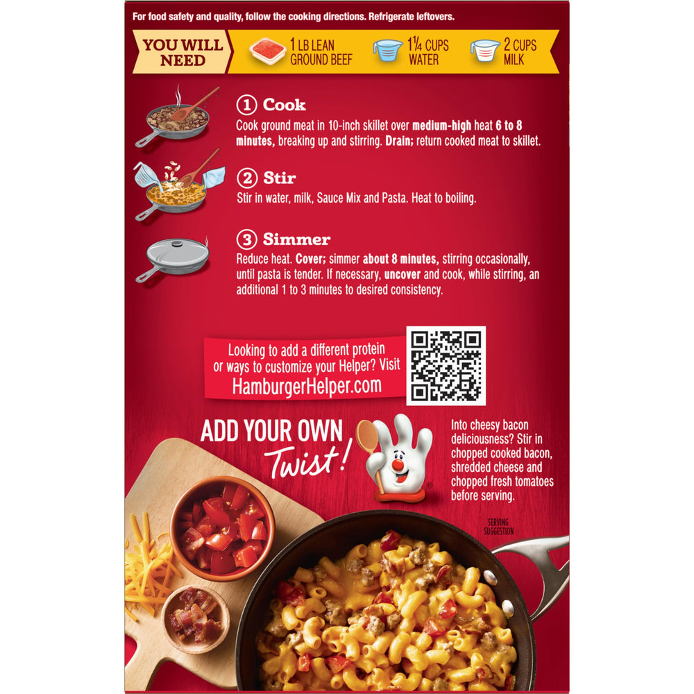 Hamburger Helper Cheeseburger Macaroni plated with creamy cheese sauce.