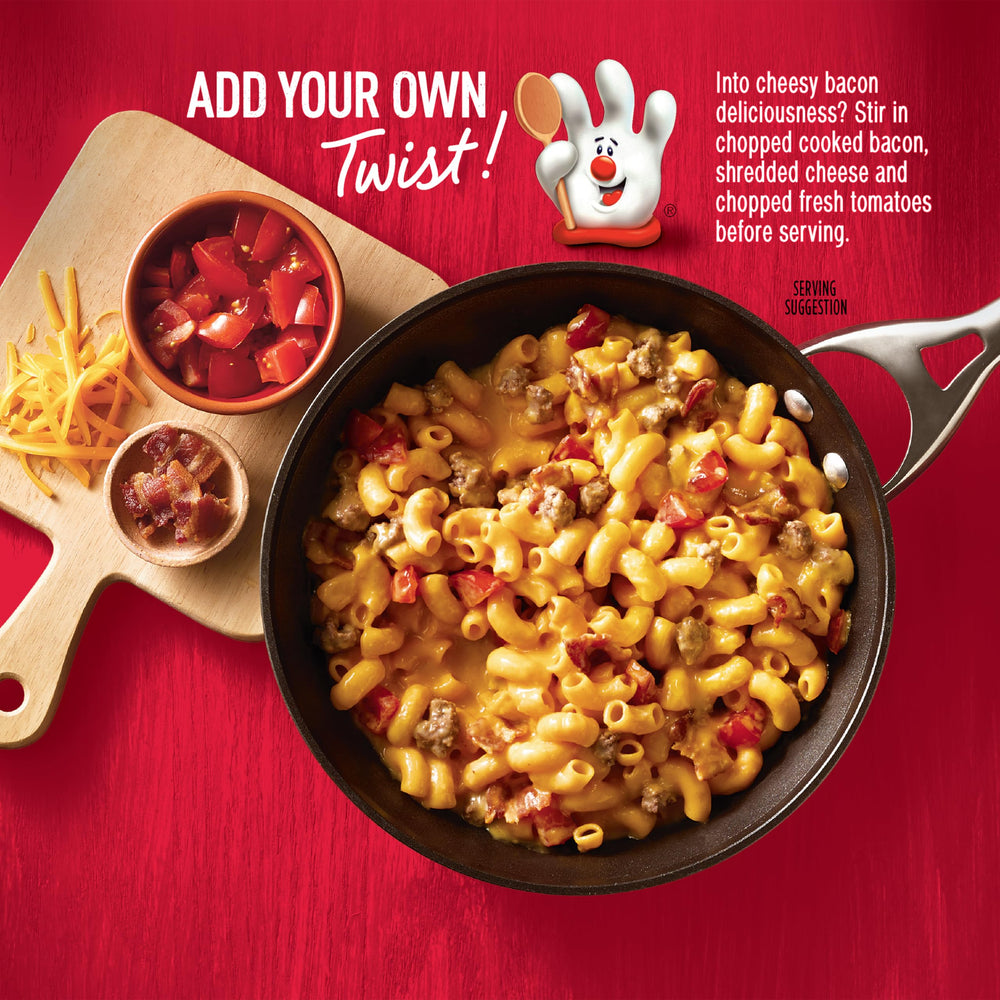 Hamburger Helper Cheeseburger Macaroni serving; kids enjoy a cheesy crowd-pleaser.