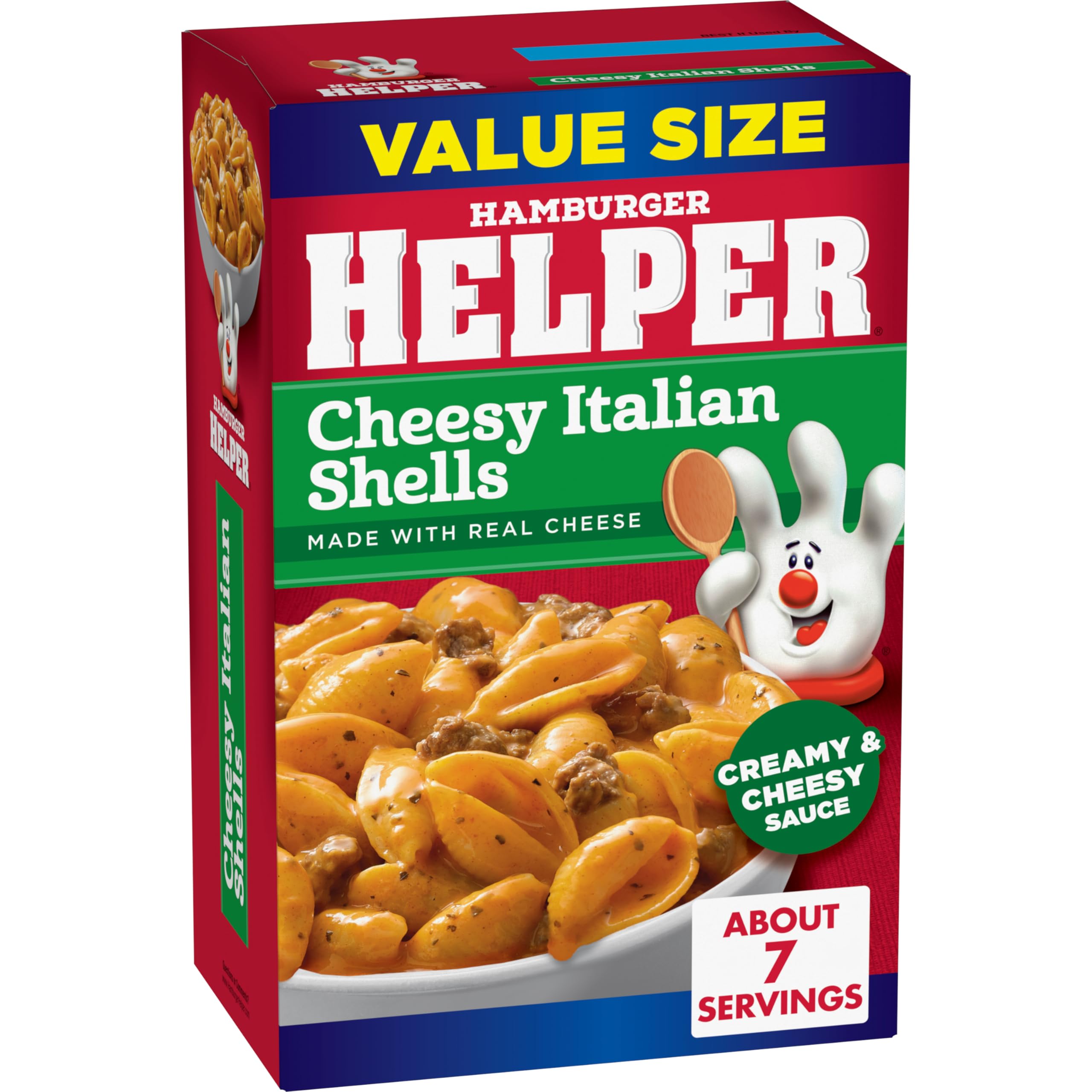 Hamburger Helper Cheesy Italian Shells ingredients visible with real cheese shining, rich flavor.
