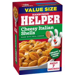 Hamburger Helper Cheesy Italian Shells ingredients visible with real cheese shining, rich flavor.