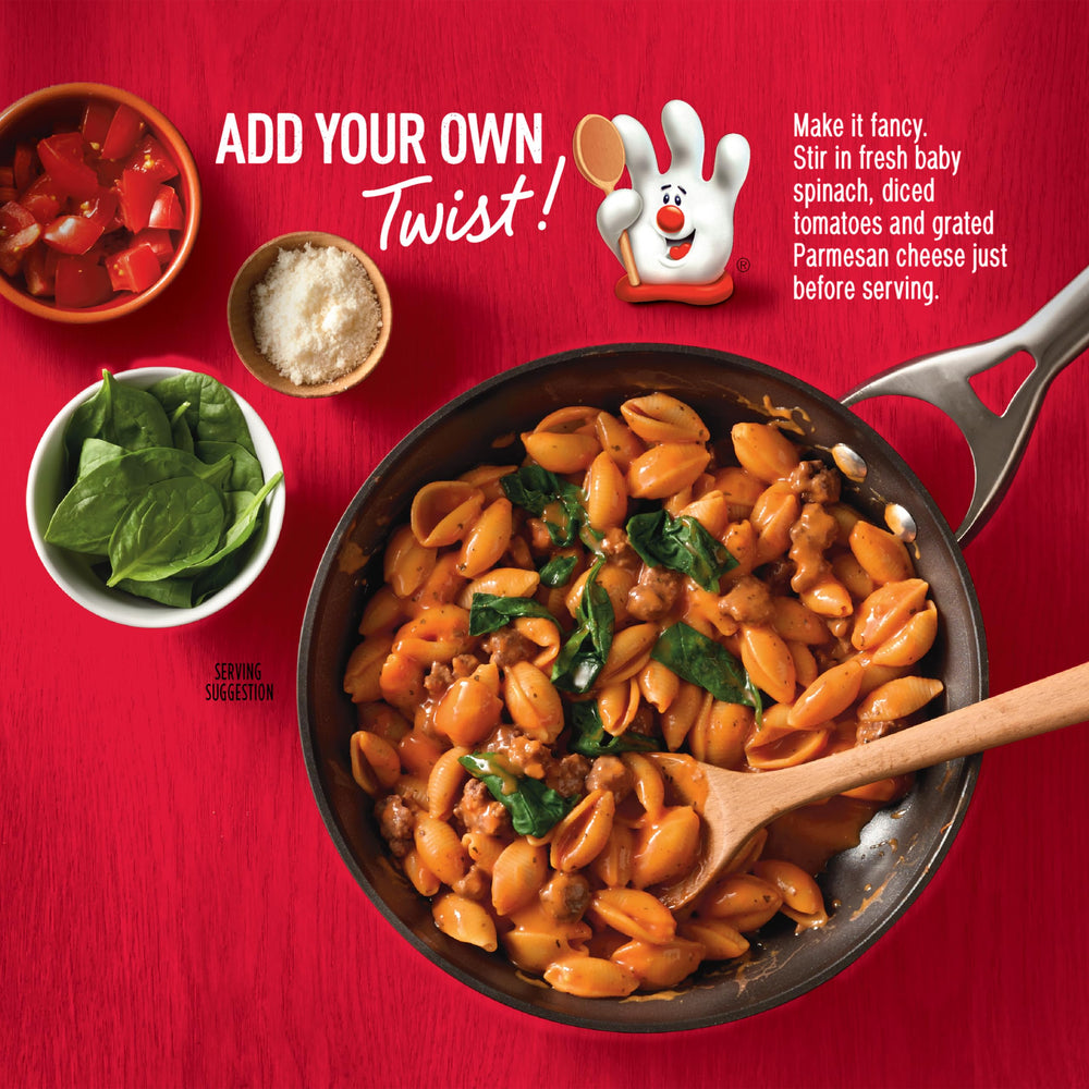 Hamburger Helper Cheesy Italian Shells, kid-friendly quick dinner option.