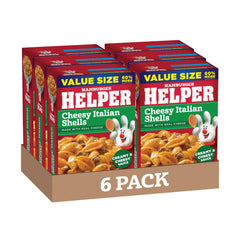 Hamburger Helper Cheesy Italian Shells in a bowl with creamy sauce and pasta, convenient family favorite.