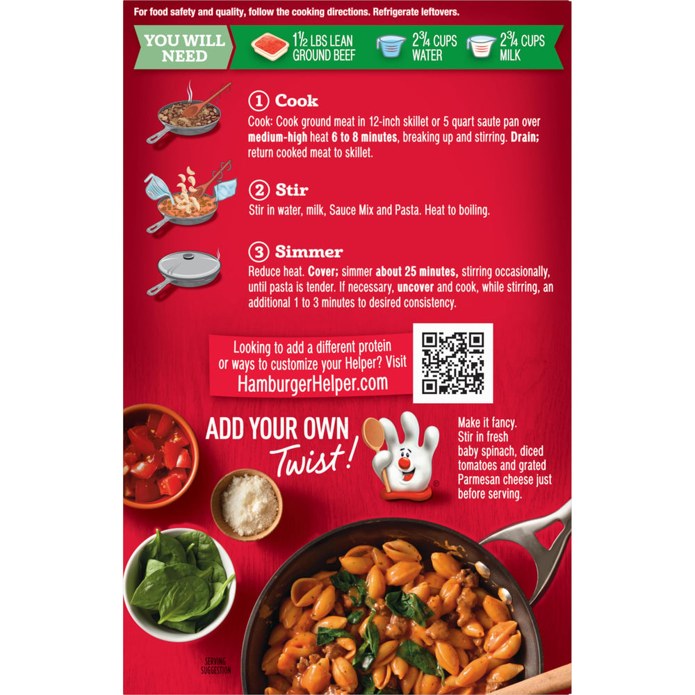 Hamburger Helper Cheesy Italian Shells plated, creamy sauce ready to serve.