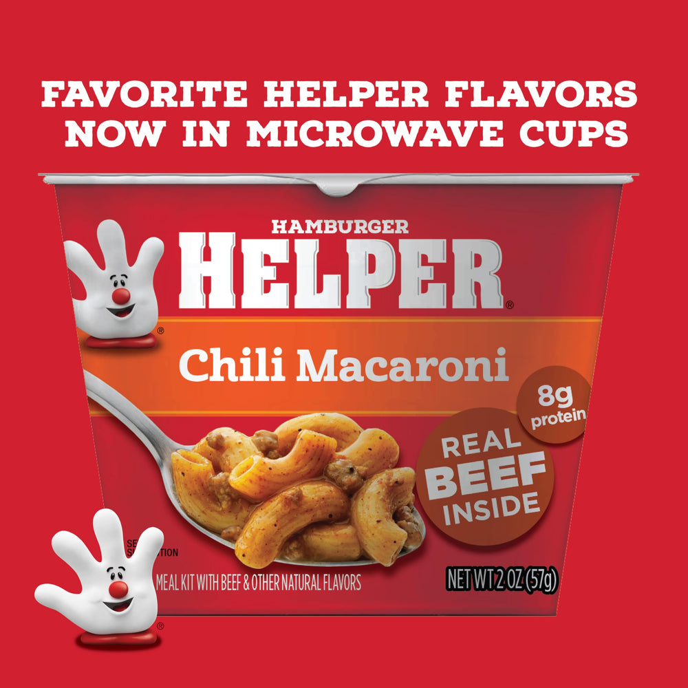 Hamburger Helper Chili Macaroni kitchen table scene; quick meal prep after work.