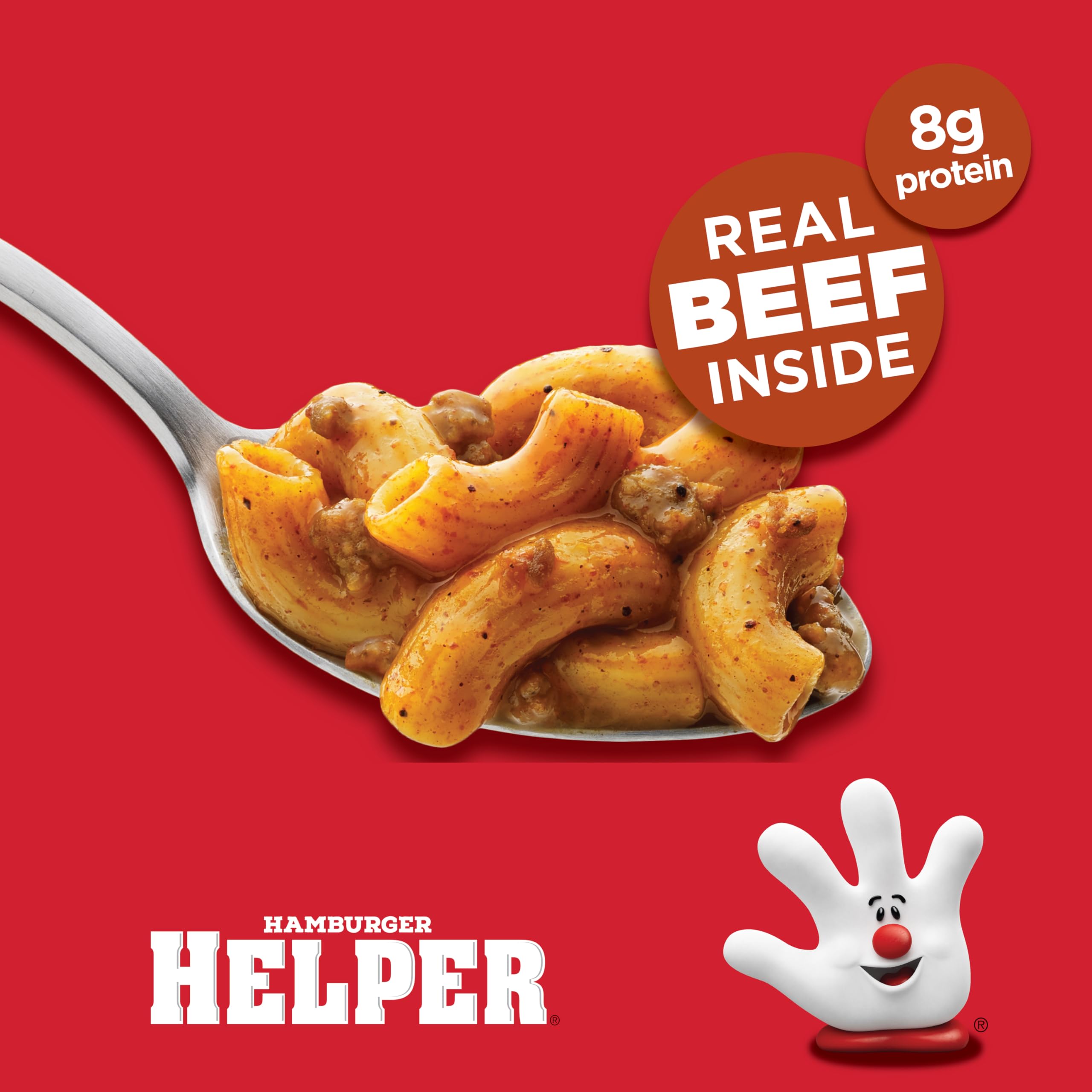 Hamburger Helper Chili Macaroni serving with spoon; ideal for family lunches or dinners.