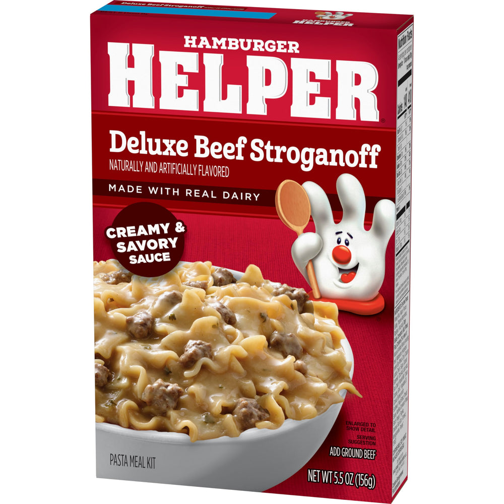 Hamburger Helper Deluxe Beef Stroganoff cheese swirl enhances creaminess
