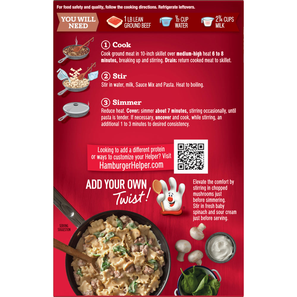 Hamburger Helper Deluxe Beef Stroganoff cooking in a skillet shows quick comfort