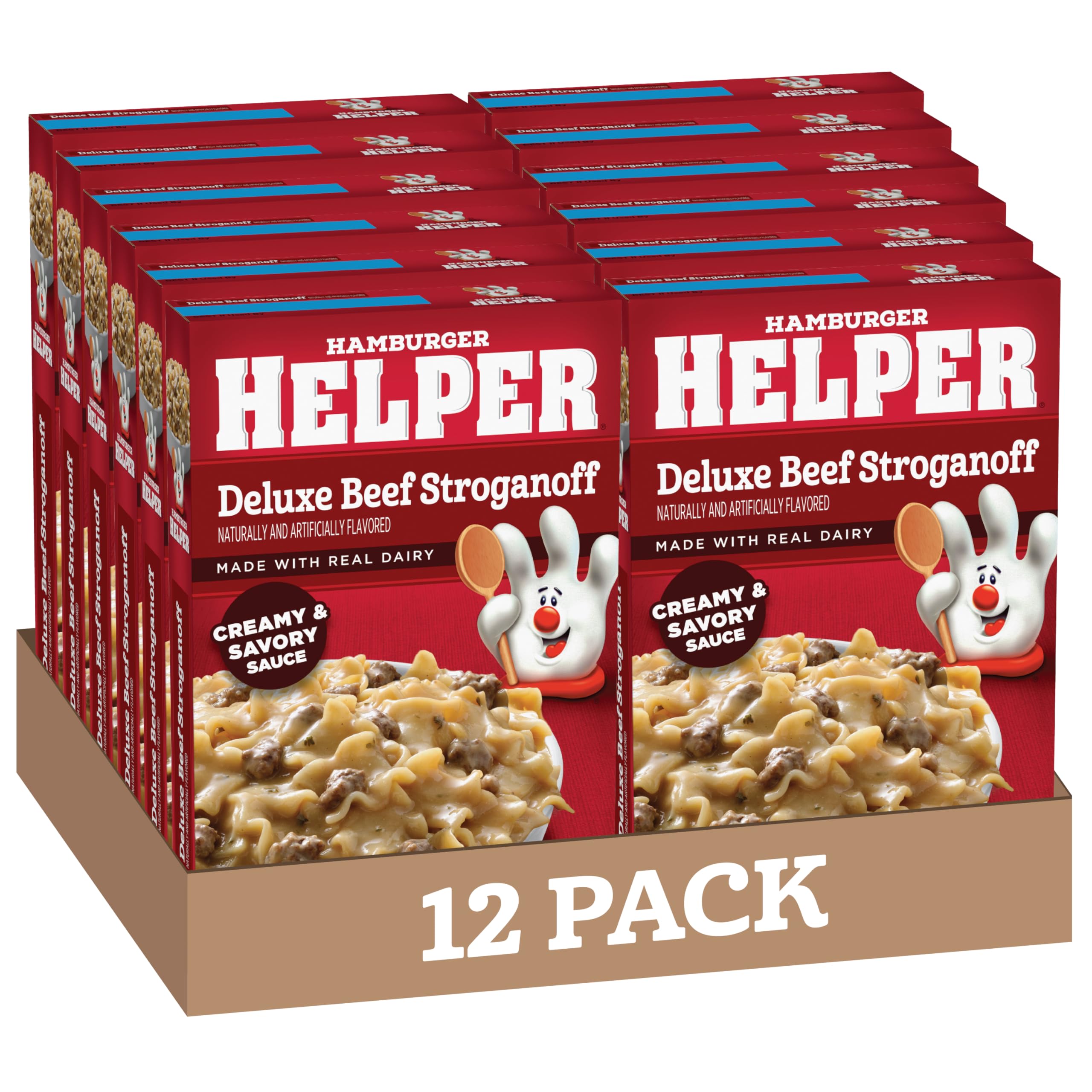 Hamburger Helper Deluxe Beef Stroganoff pasta box showing creamy sauce for quick weeknight dinners