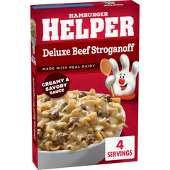 Hamburger Helper Deluxe Beef Stroganoff pasta noodles soaking in creamy sauce