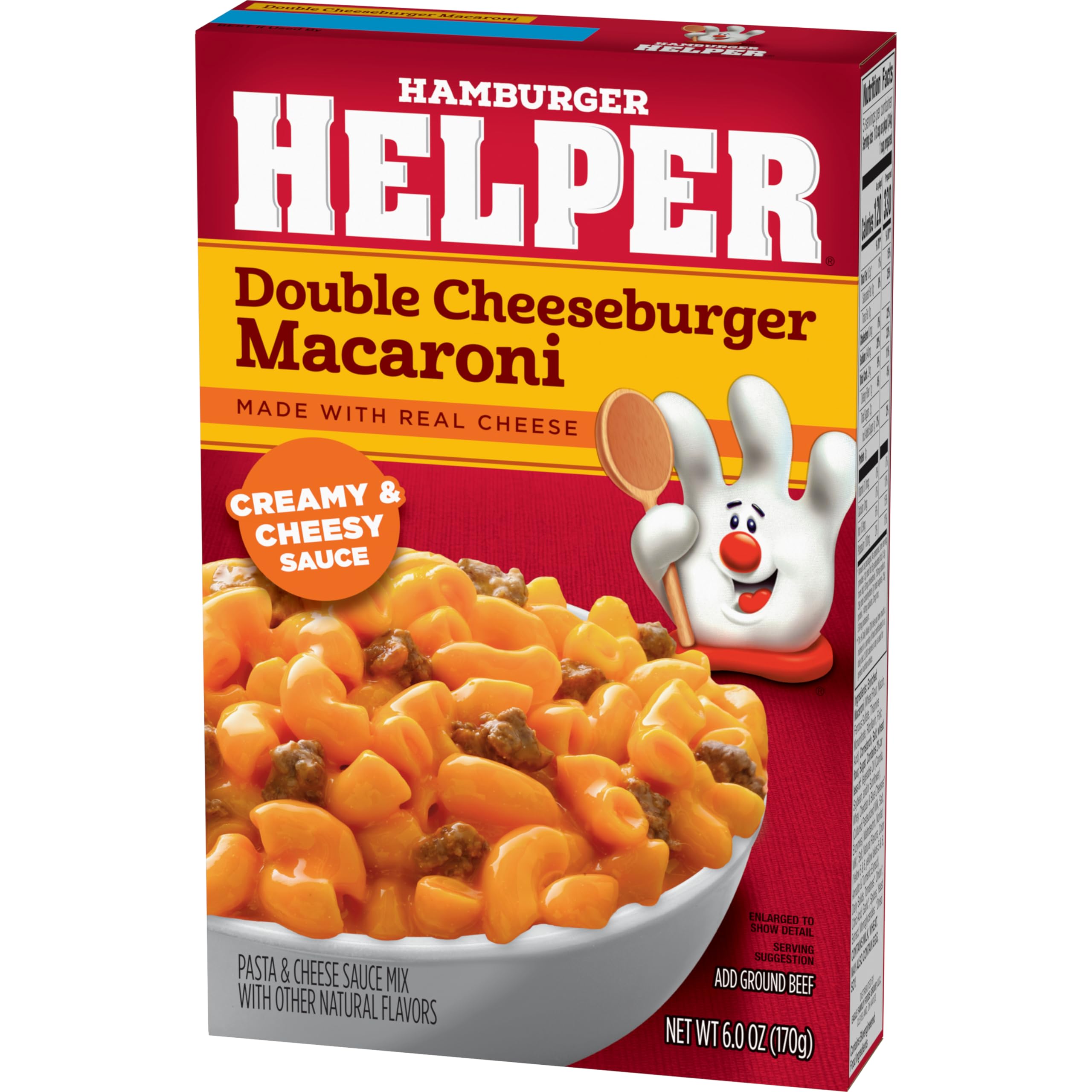 Hamburger Helper Double Cheeseburger Macaroni sauce pan with cheesy sauce ready to pour