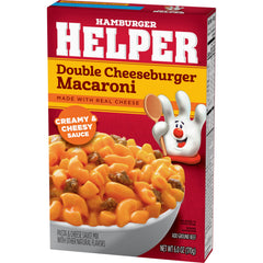 Hamburger Helper Double Cheeseburger Macaroni sauce pan with cheesy sauce ready to pour