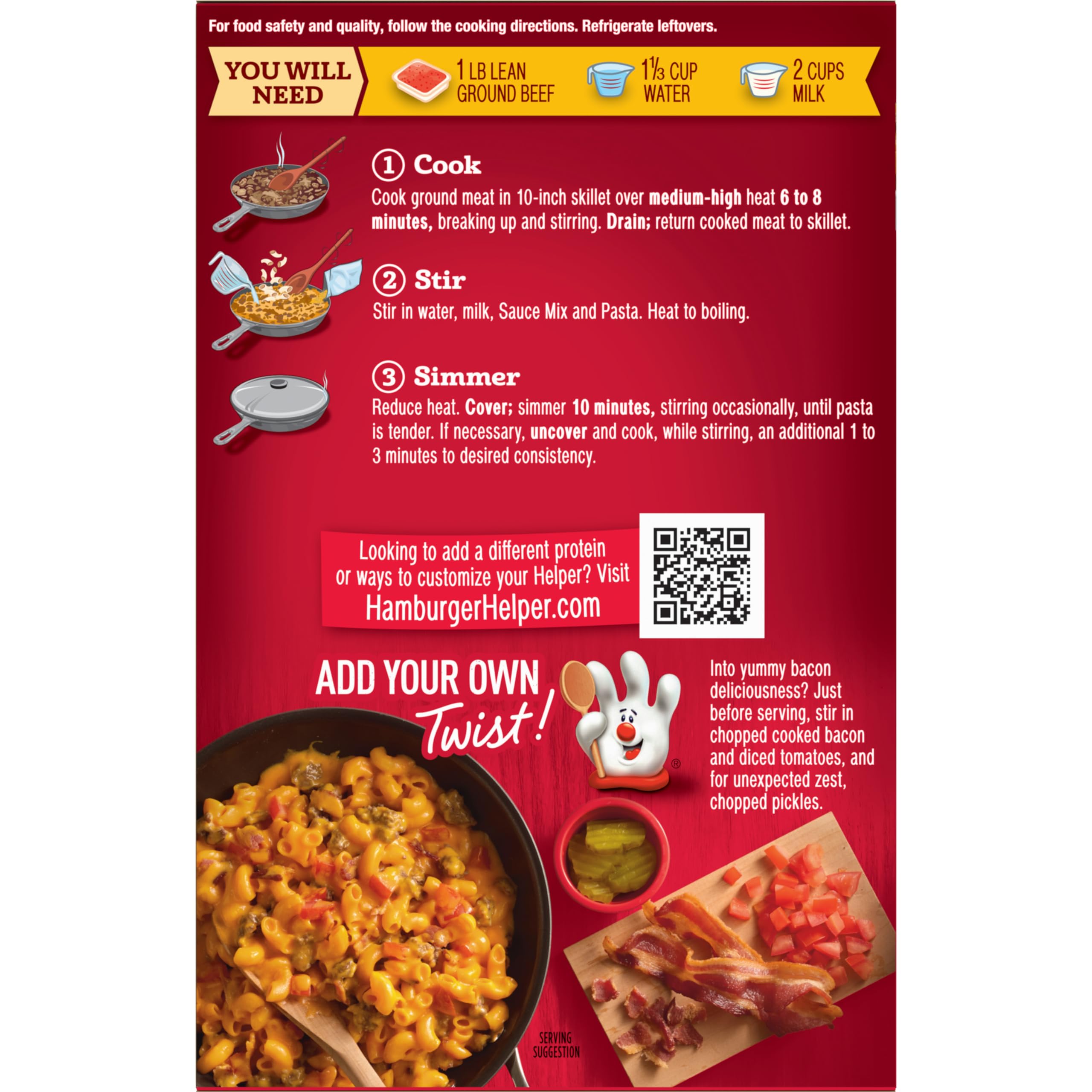 Hamburger Helper Double Cheeseburger Macaroni ingredients including cheddar and onions
