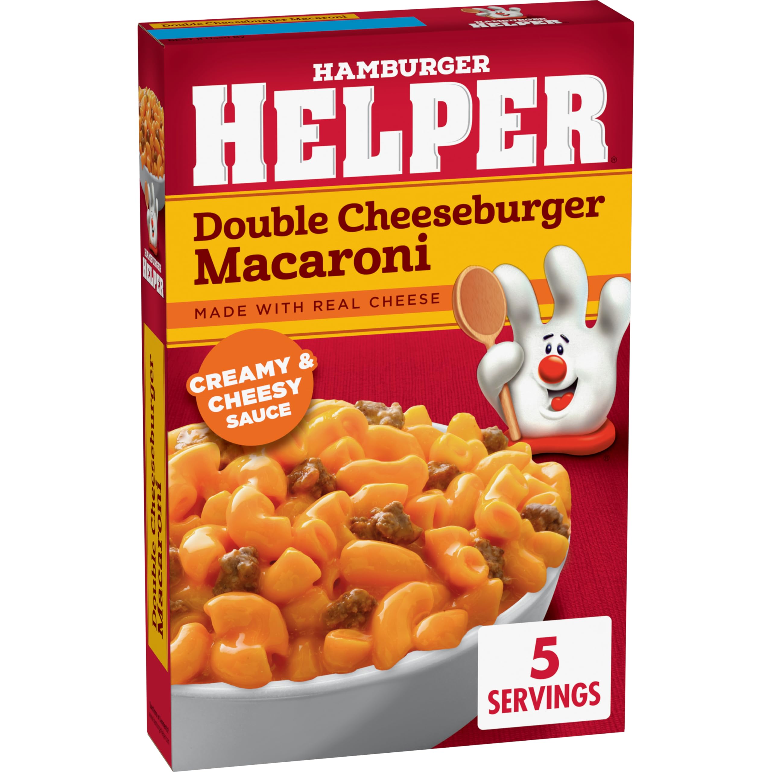 Hamburger Helper Double Cheeseburger Macaroni in a skillet during cooking with onions