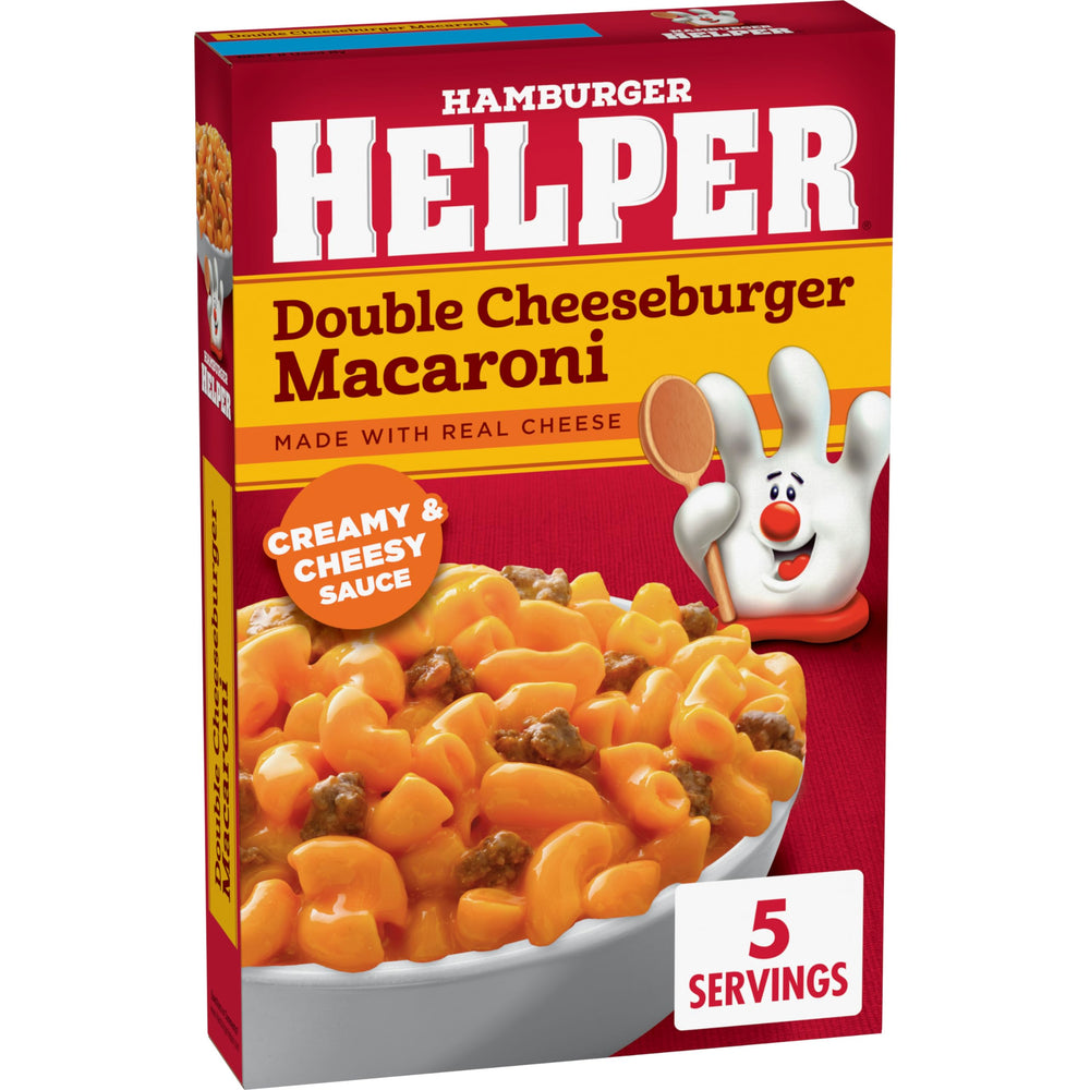 Hamburger Helper Double Cheeseburger Macaroni in a skillet during cooking with onions
