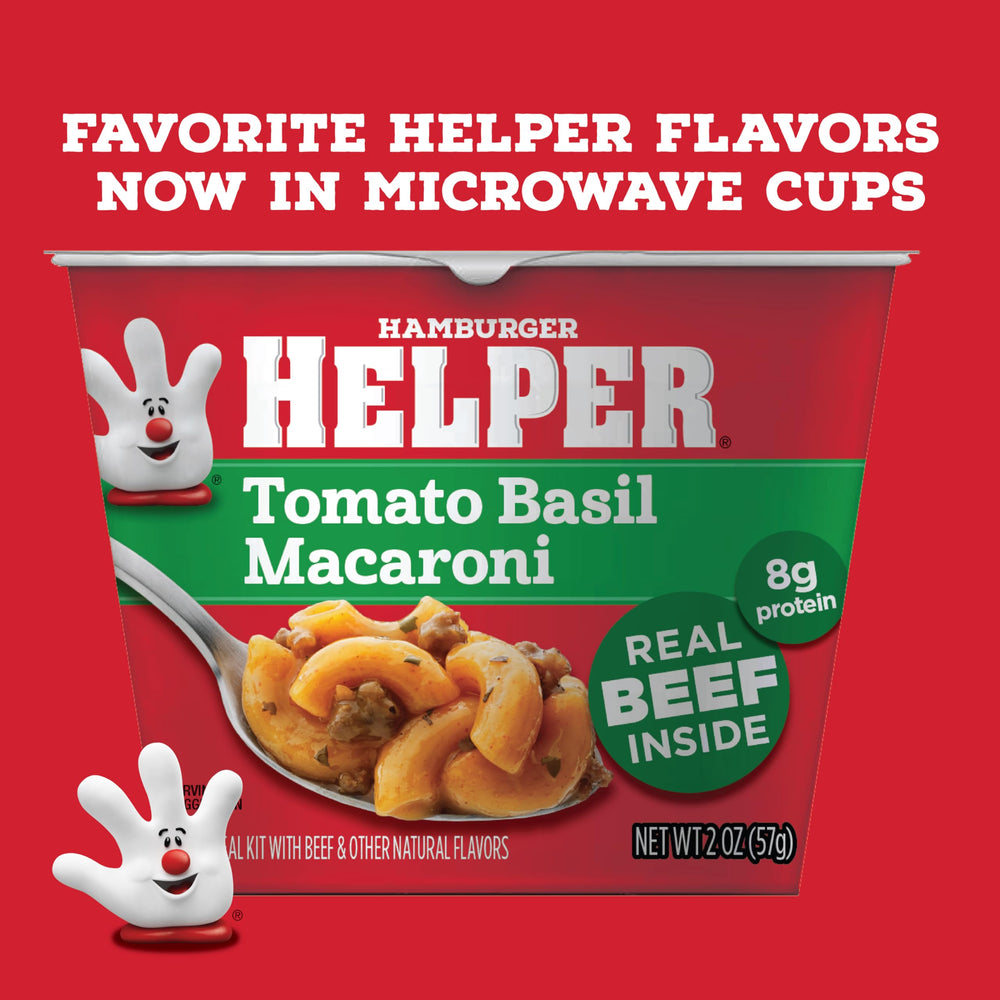 Hamburger Helper flavor pouch and water addition step shown for simple prep.