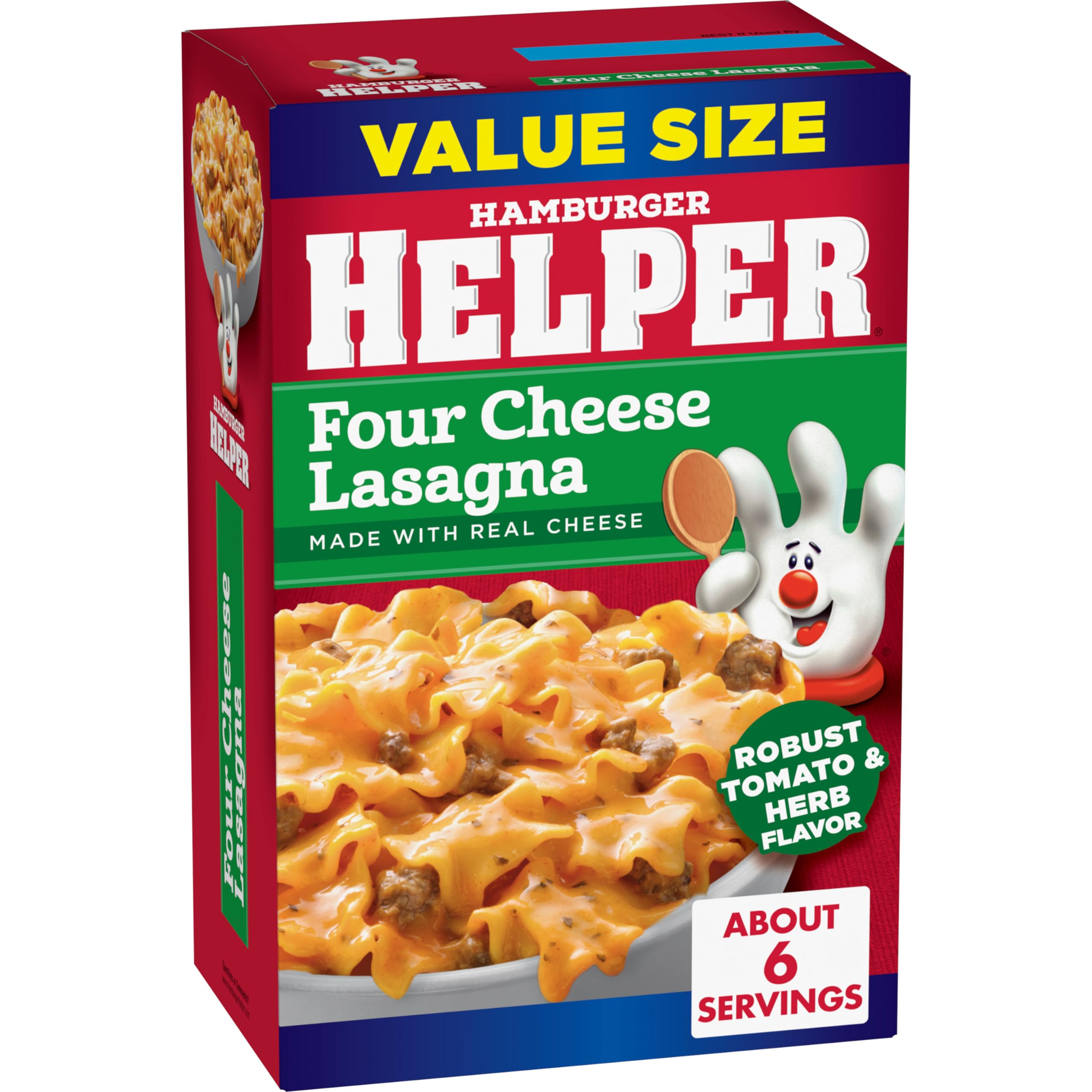 Hamburger Helper Four Cheese Lasagna dry mix image highlighting easy prep.
