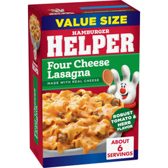 Hamburger Helper Four Cheese Lasagna dry mix image highlighting easy prep.