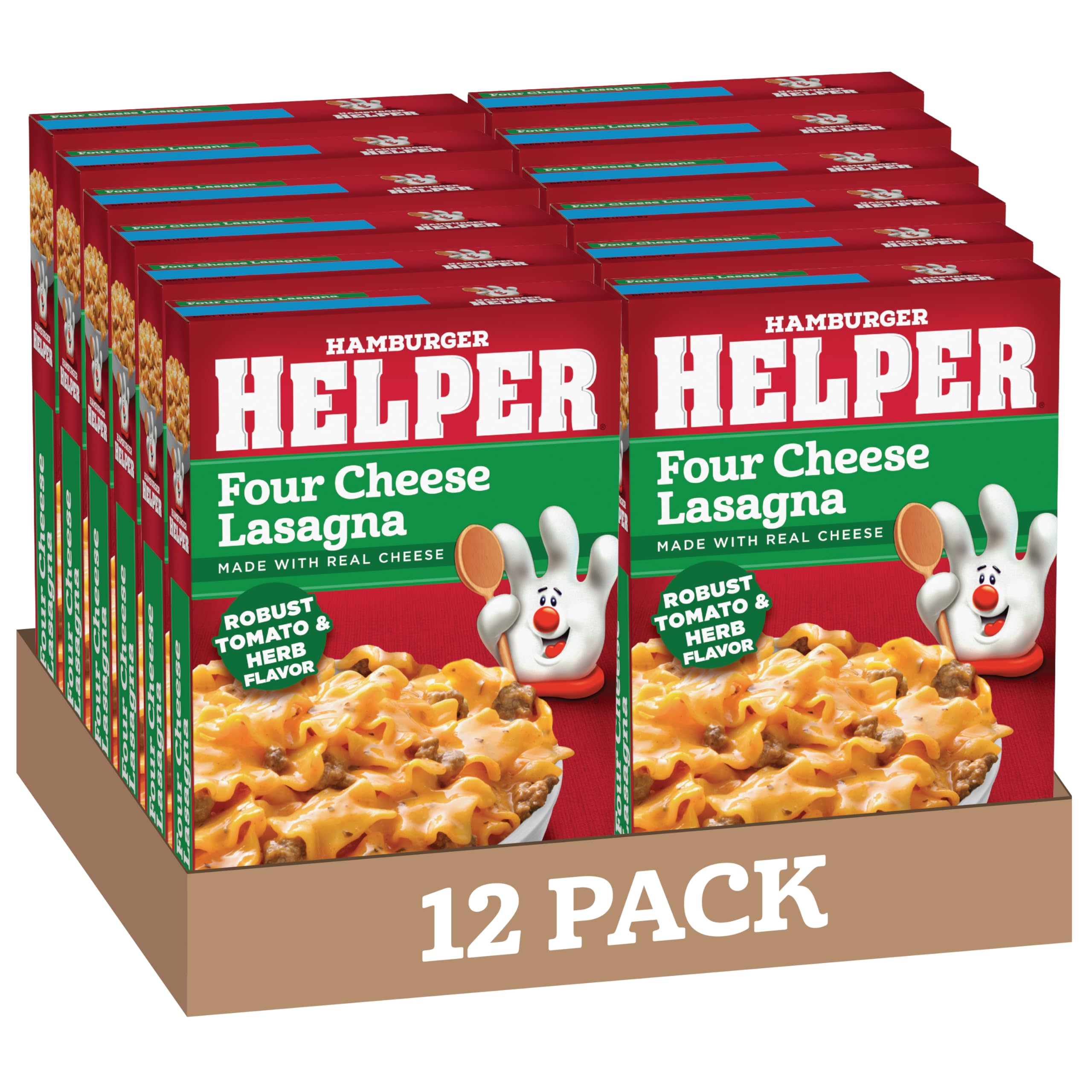 Hamburger Helper Four Cheese Lasagna packaging showing a quick weeknight meal option.