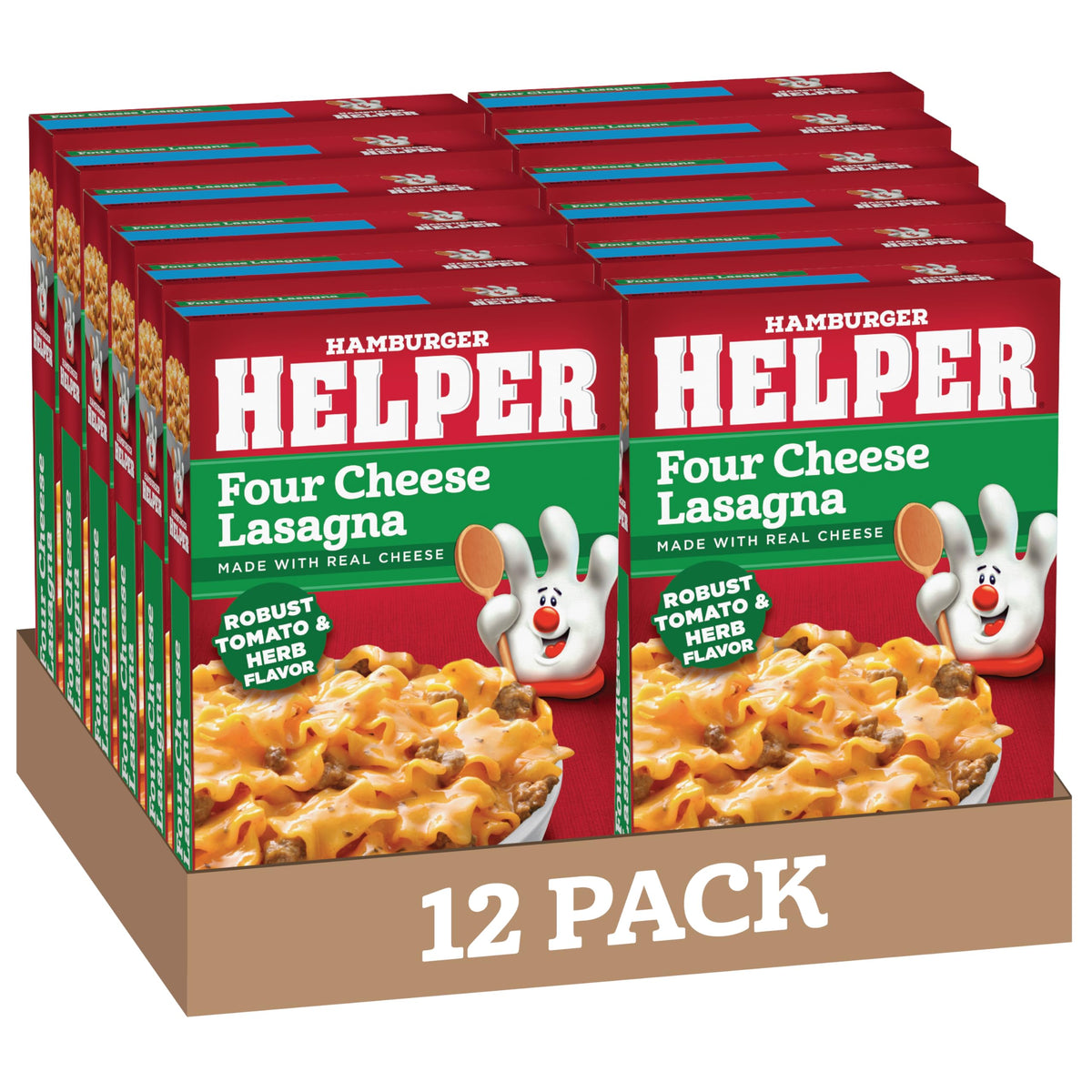 Hamburger Helper Four Cheese Lasagna packaging showing a quick weeknight meal option.
