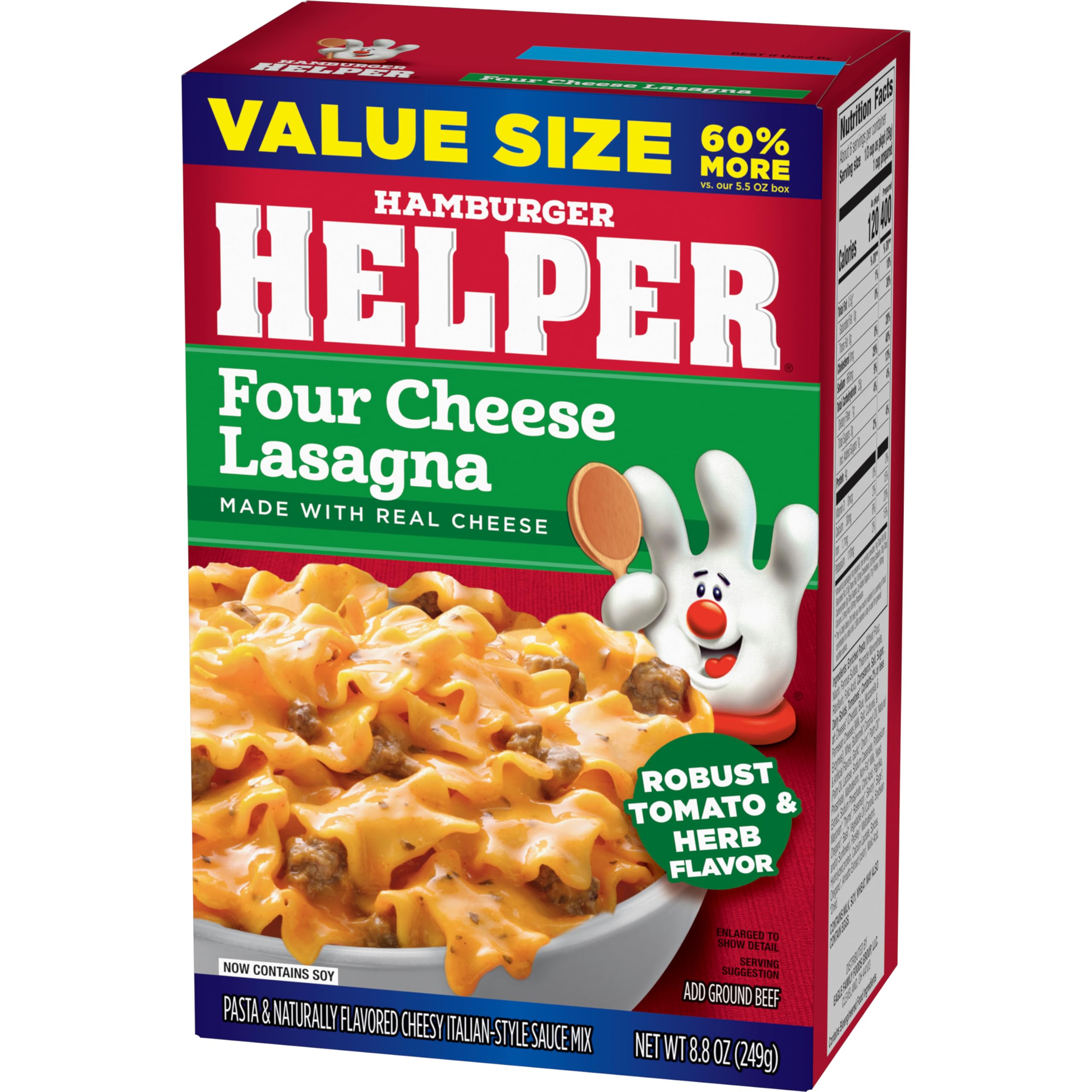 Hamburger Helper Lasagna stir-in tomatoes and cheese visual for bold flavor.