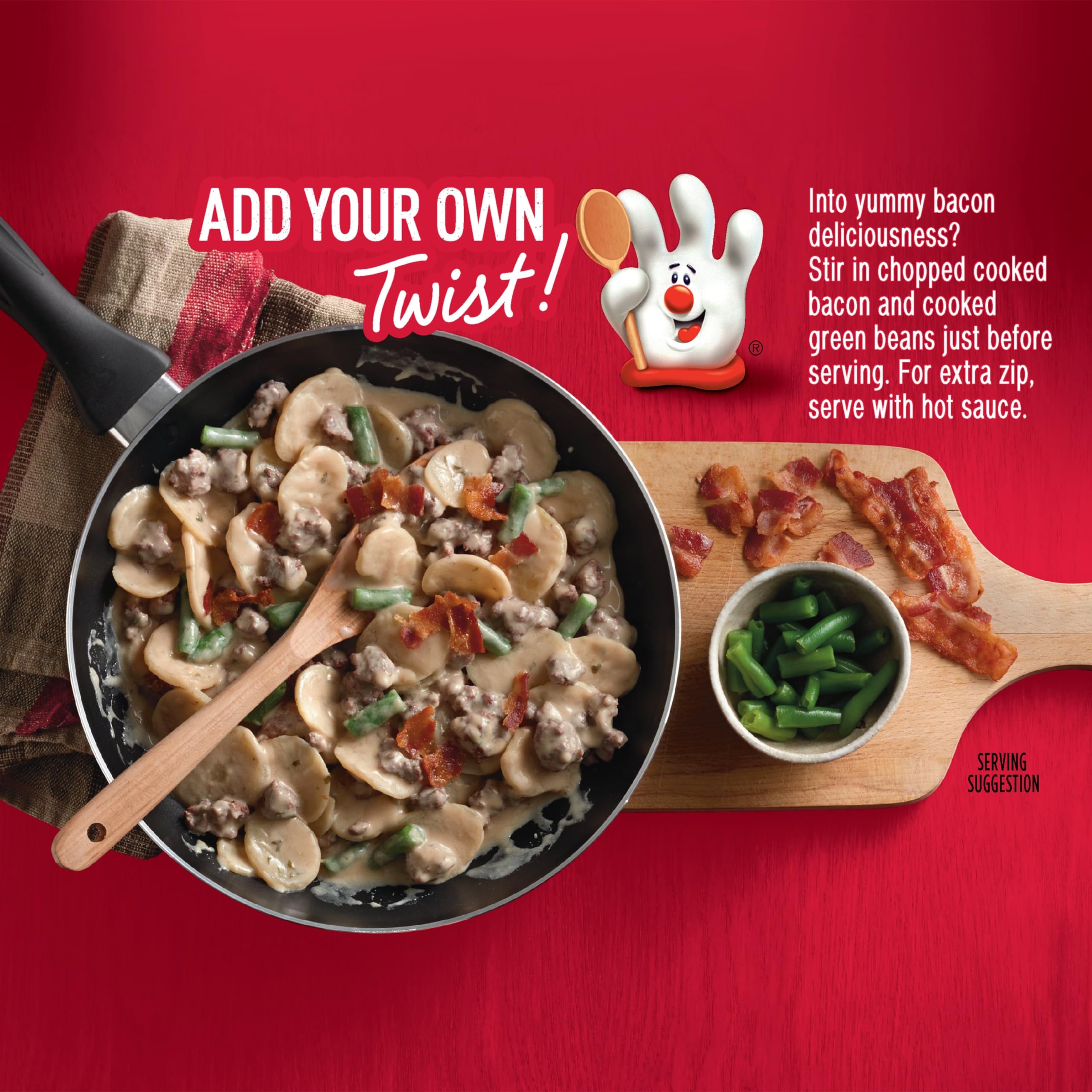Hamburger Helper Potatoes Stroganoff with bacon twist adds savory depth.