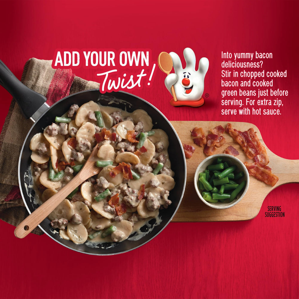Hamburger Helper Potatoes Stroganoff with bacon twist adds savory depth.