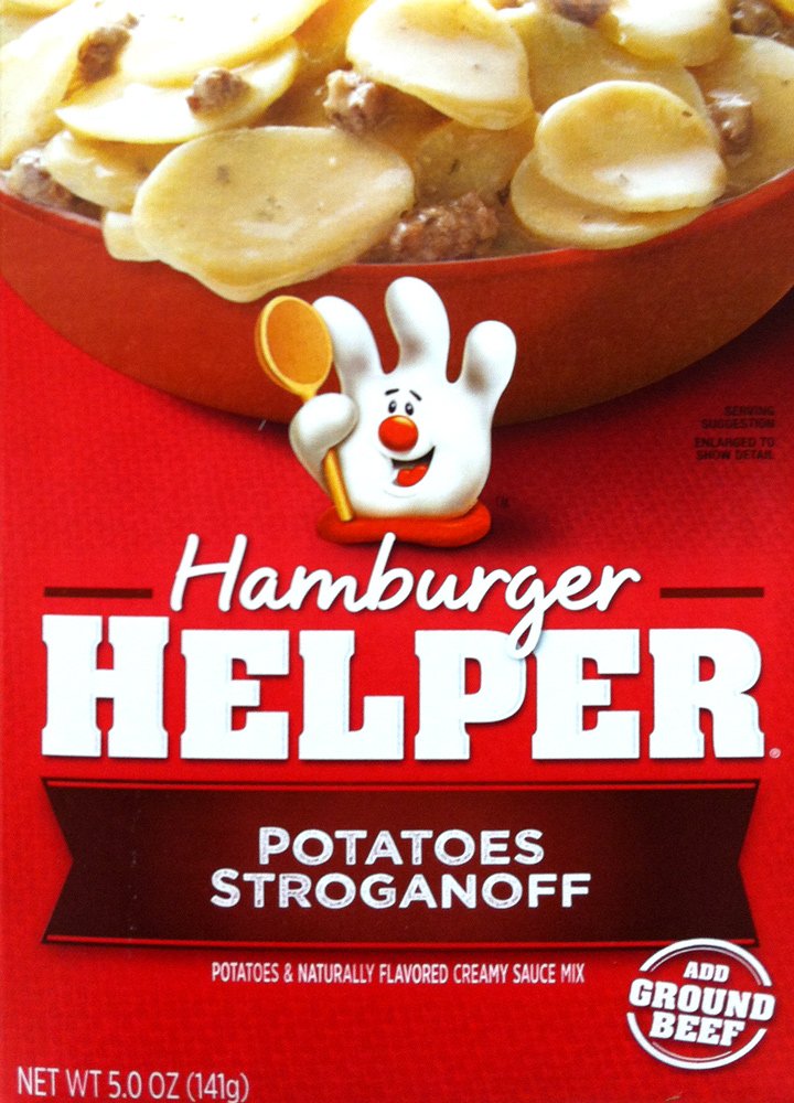 Hamburger Helper Potatoes Stroganoff box by Betty Crocker, quick weeknight dinner option.