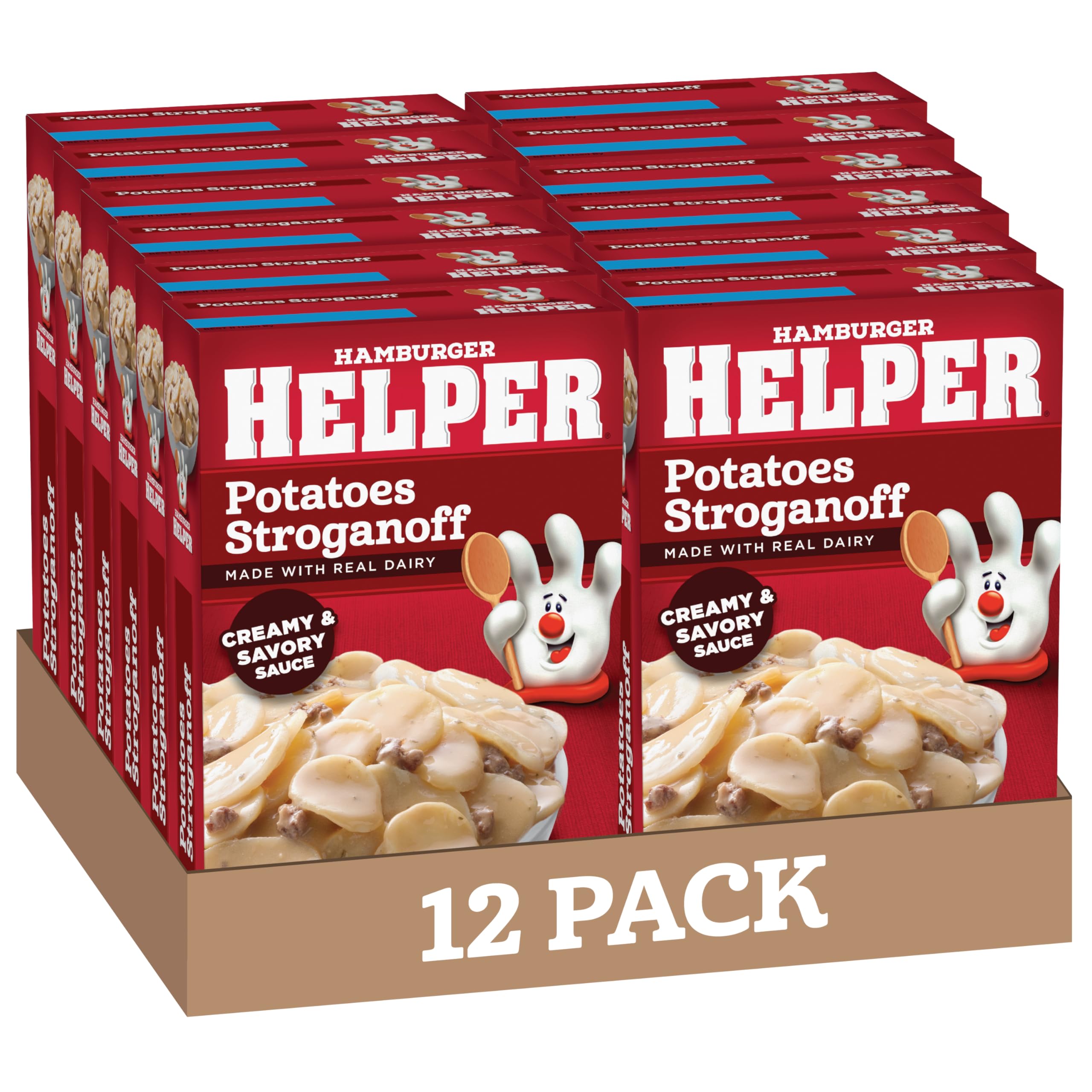 Hamburger Helper Potatoes Stroganoff box on pantry shelf for easy weeknight dinners.