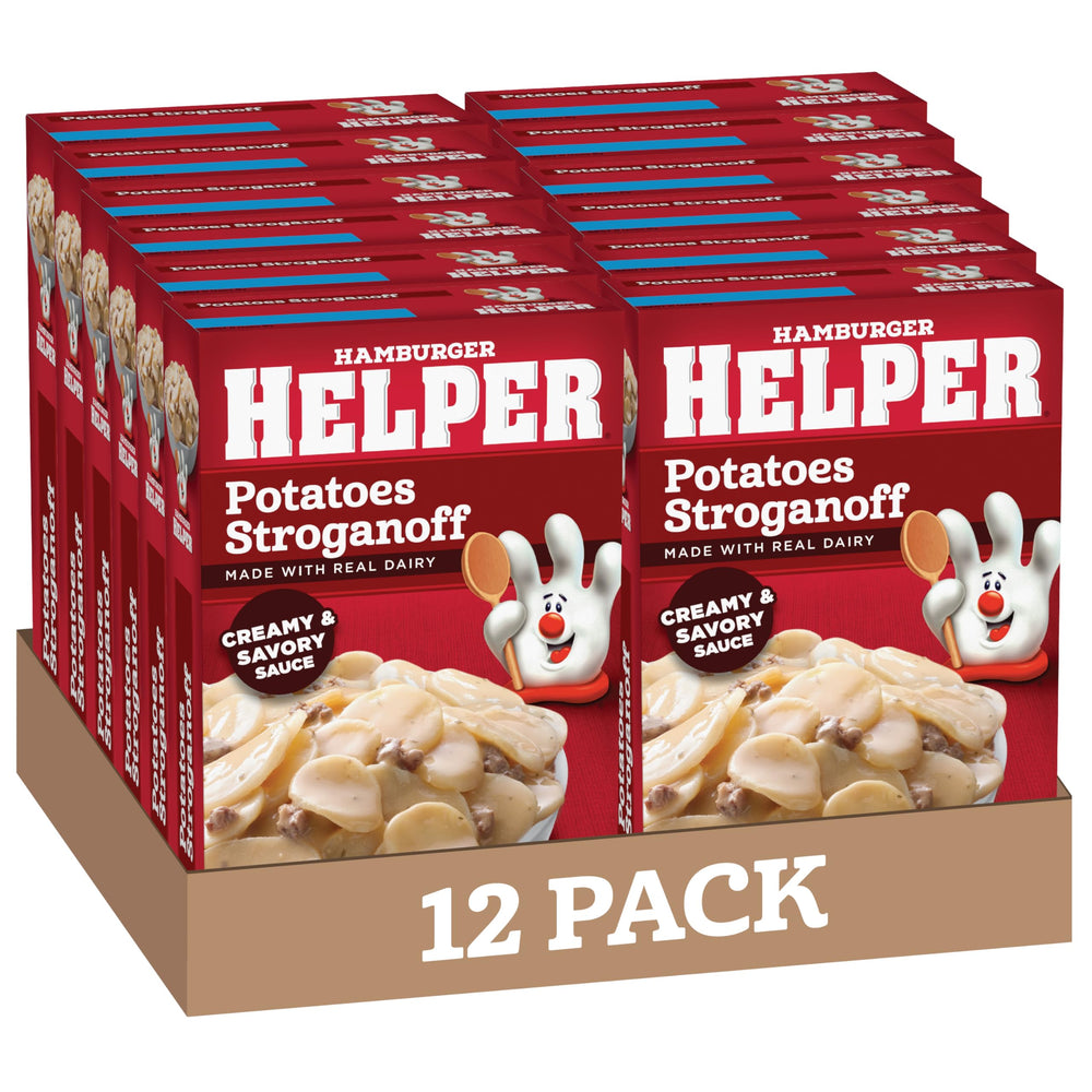 Hamburger Helper Potatoes Stroganoff box on pantry shelf for easy weeknight dinners.