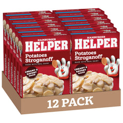 Hamburger Helper Potatoes Stroganoff box on pantry shelf for easy weeknight dinners.