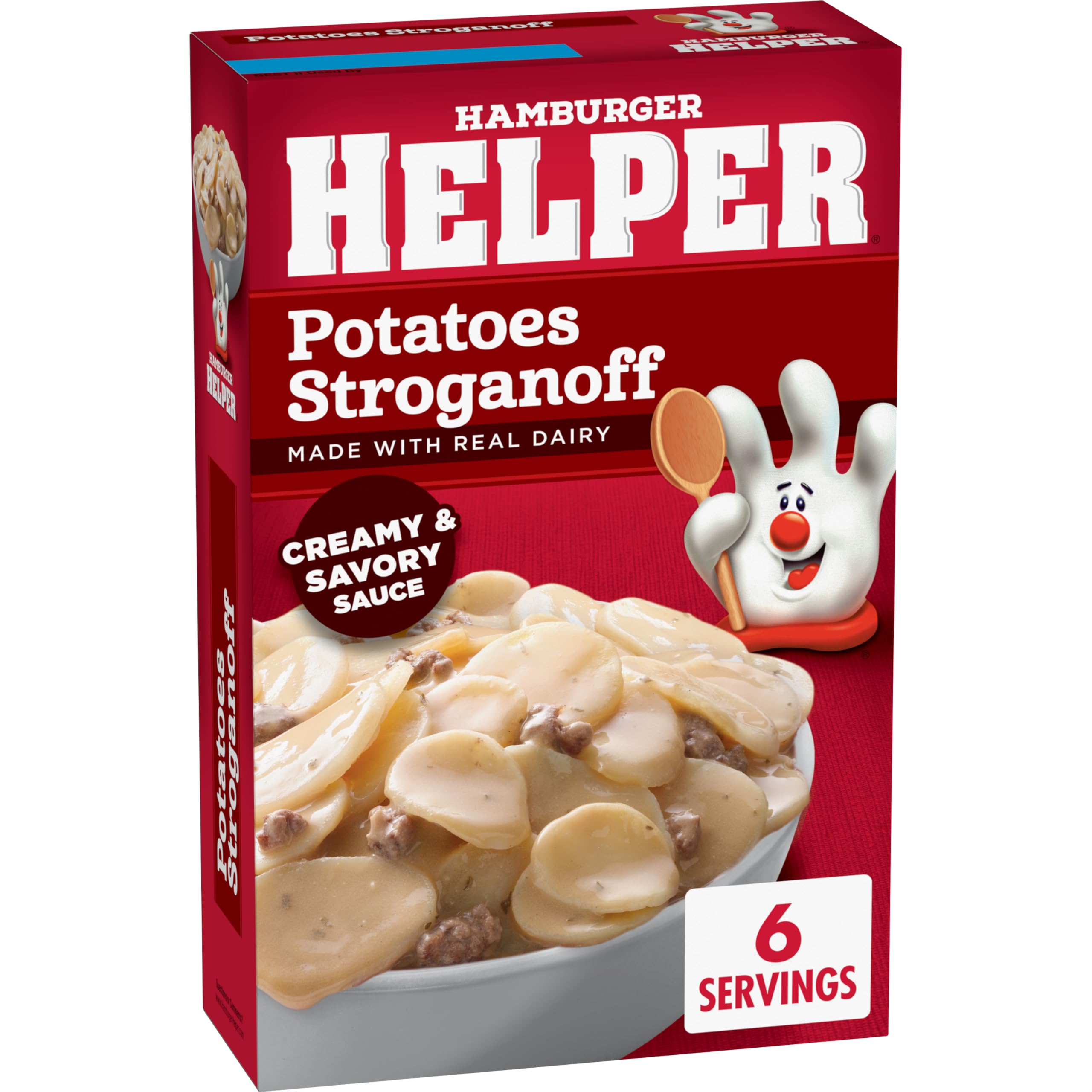 Hamburger Helper Potatoes Stroganoff browning beef in a skillet for a hearty base.
