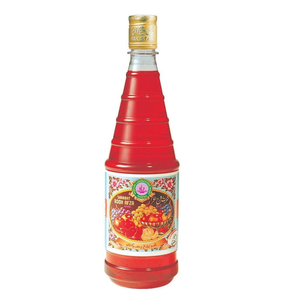 Hamdard Rooh Afza rose syrup bottle for refreshing drinks.