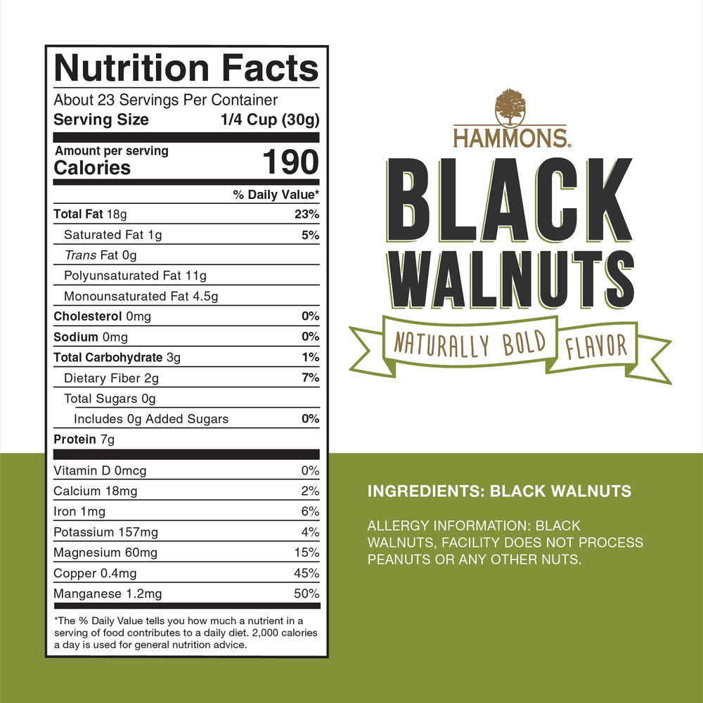Hammons black walnuts close-up; rich earthy kernels great for recipes.