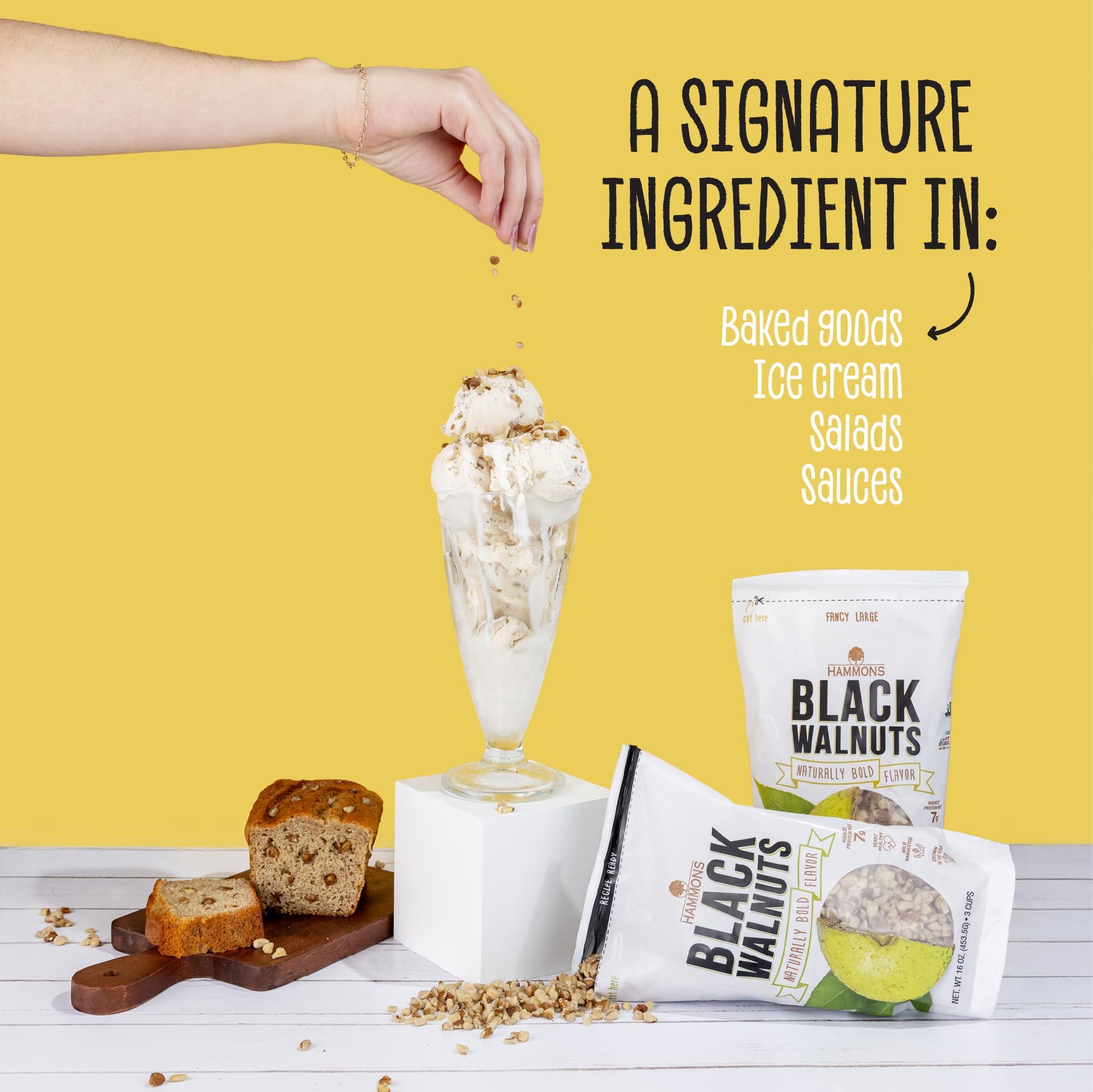 Hammons black walnuts label; non-GMO and wild-harvested quality.