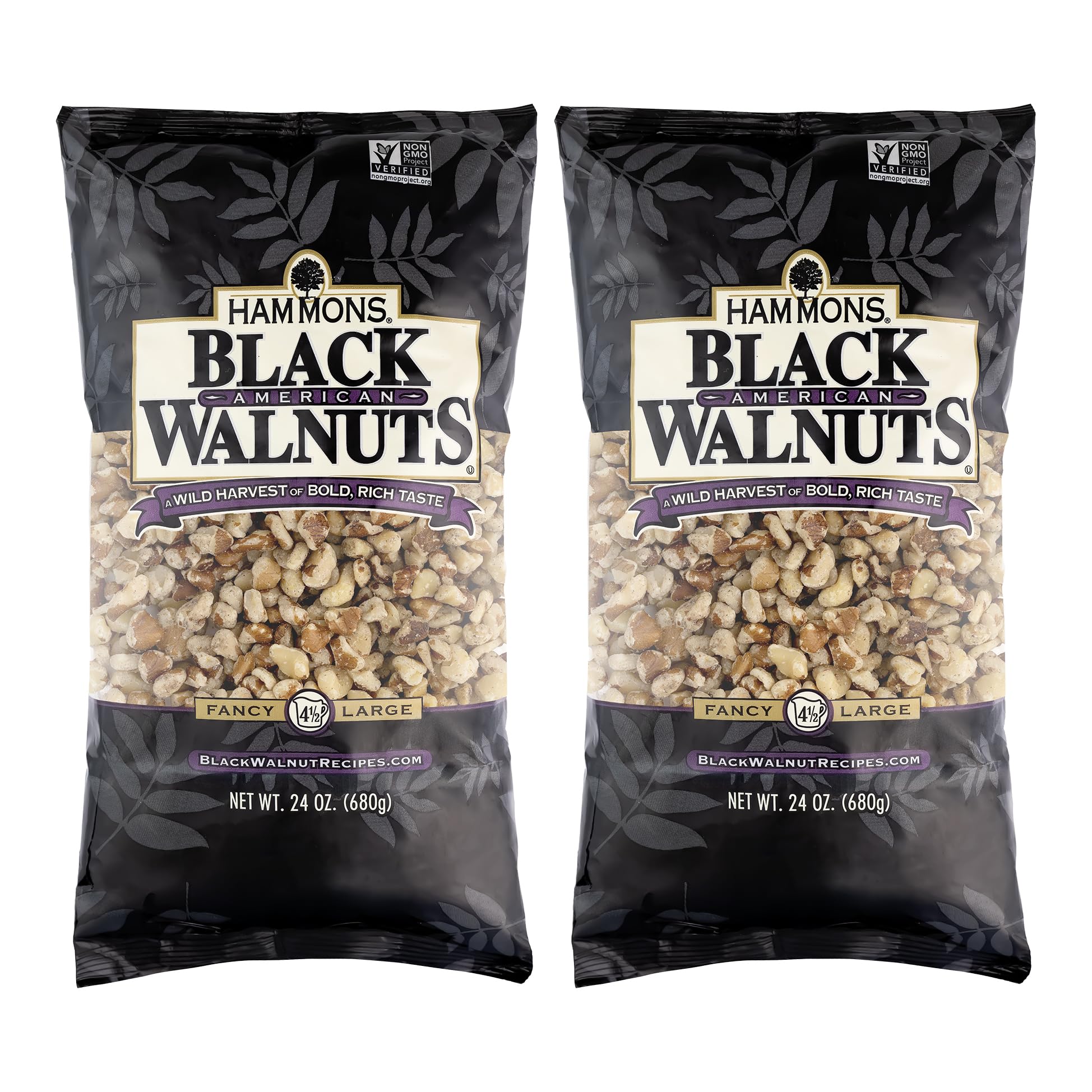 Hammons black walnuts pack shot; 24oz two-pack ideal for baking and snacking.