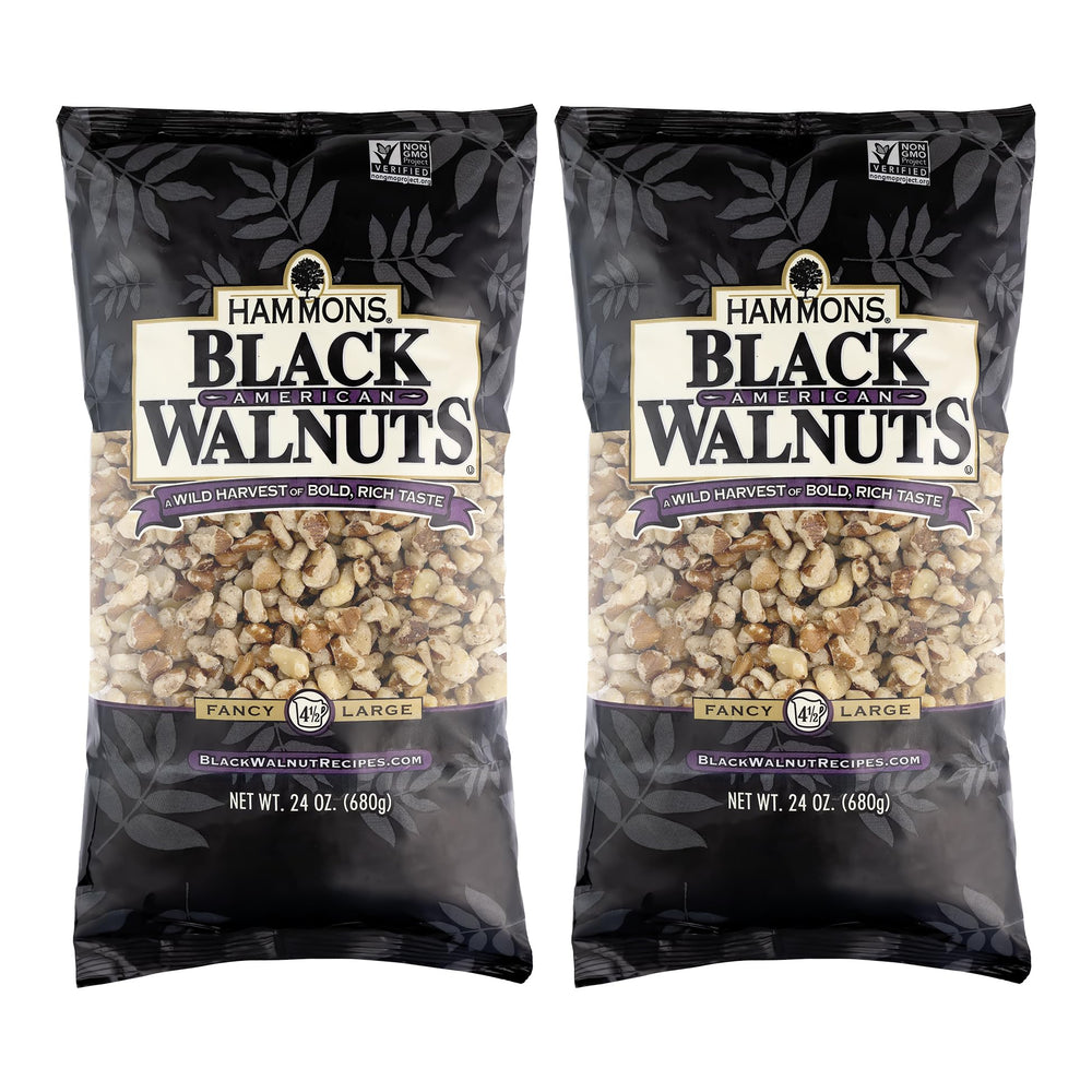 Hammons black walnuts pack shot; 24oz two-pack ideal for baking and snacking.