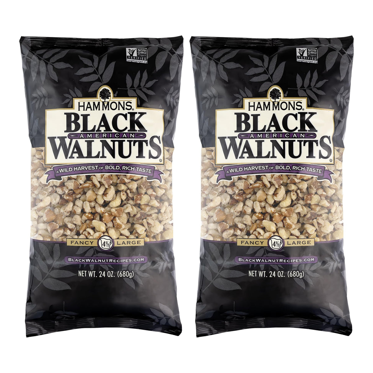 Hammons black walnuts pack shot; 24oz two-pack ideal for baking and snacking.