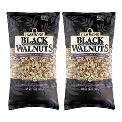 Hammons black walnuts pack shot; 24oz two-pack ideal for baking and snacking.